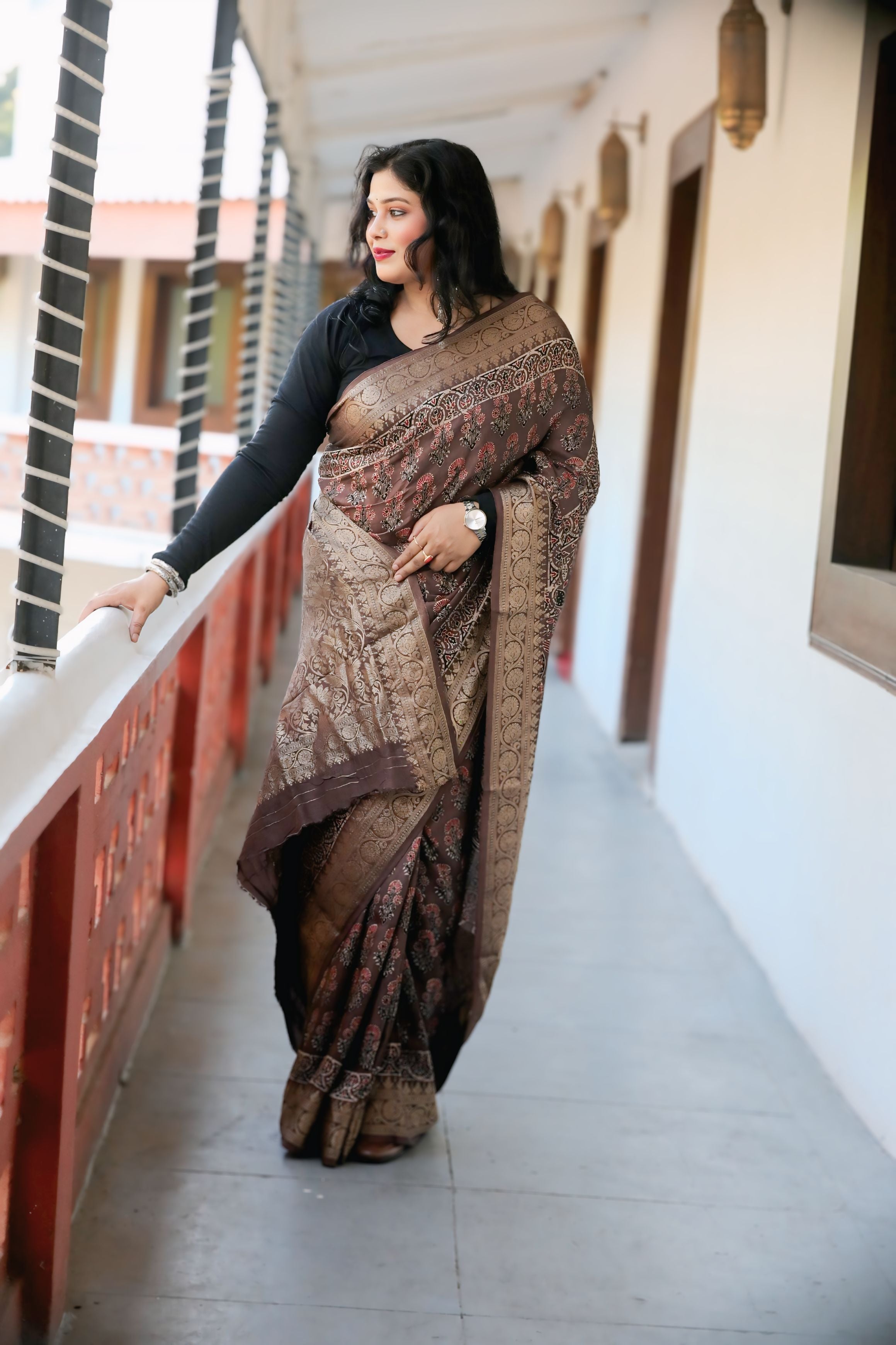 Brown Dola Silk Ajrakh Print Saree with Banarasi Border