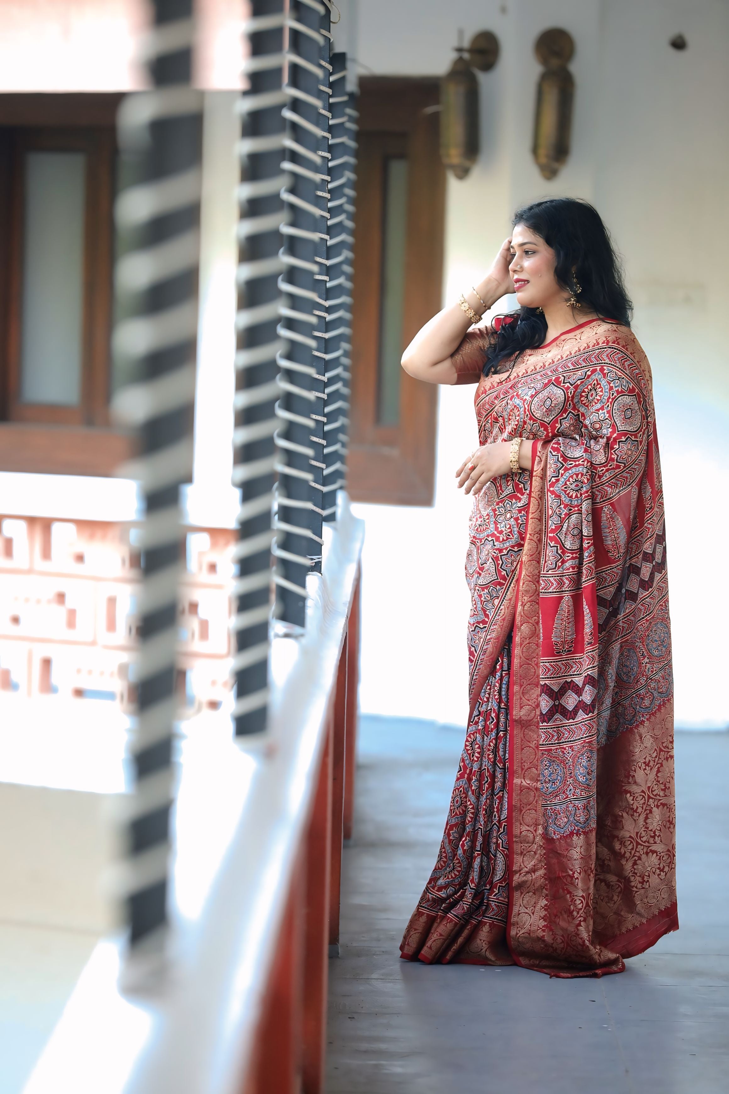 Maroon Dola Silk Ajrakh Print Saree with Banarasi Border