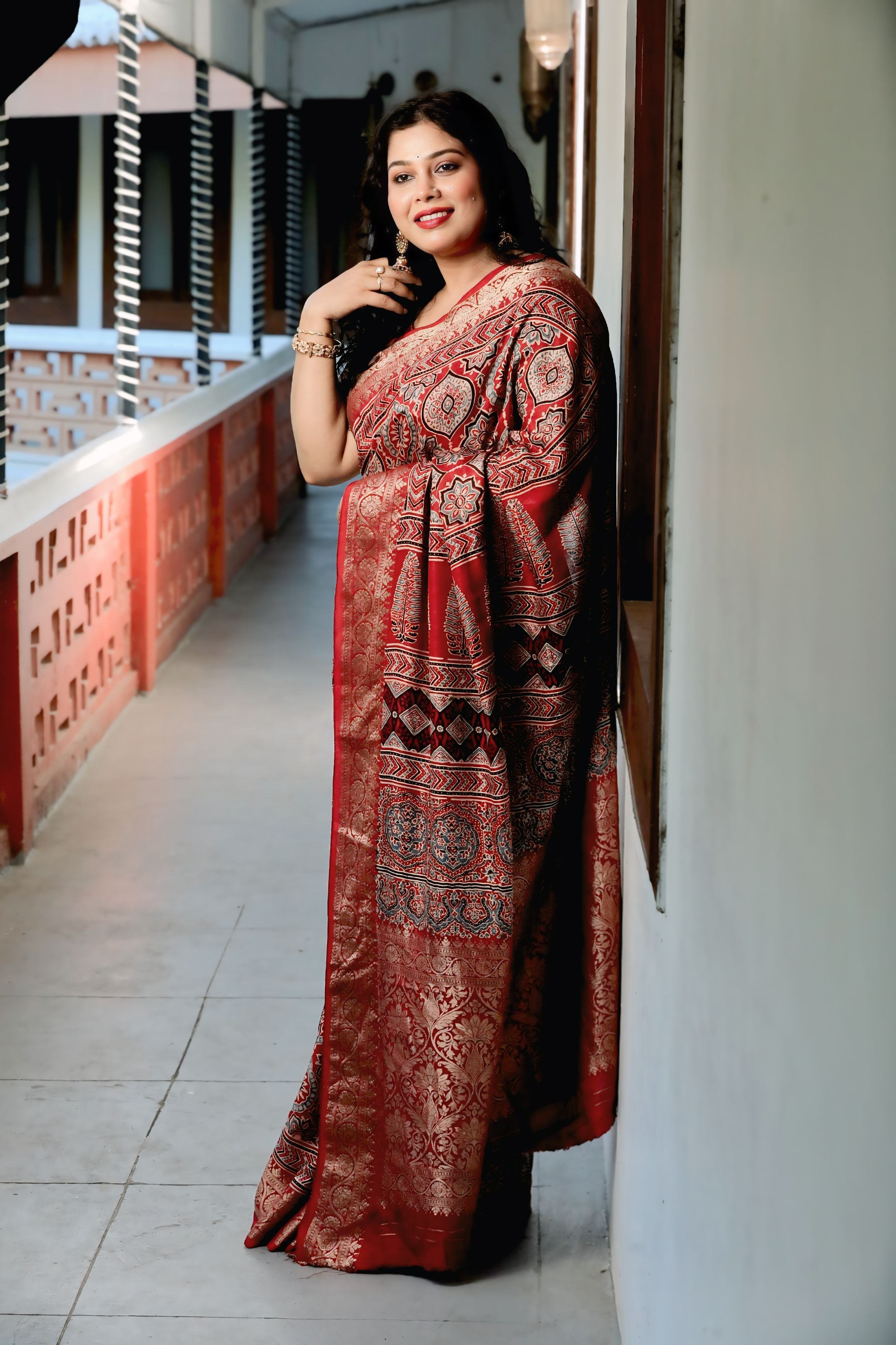 Maroon Dola Silk Ajrakh Print Saree with Banarasi Border