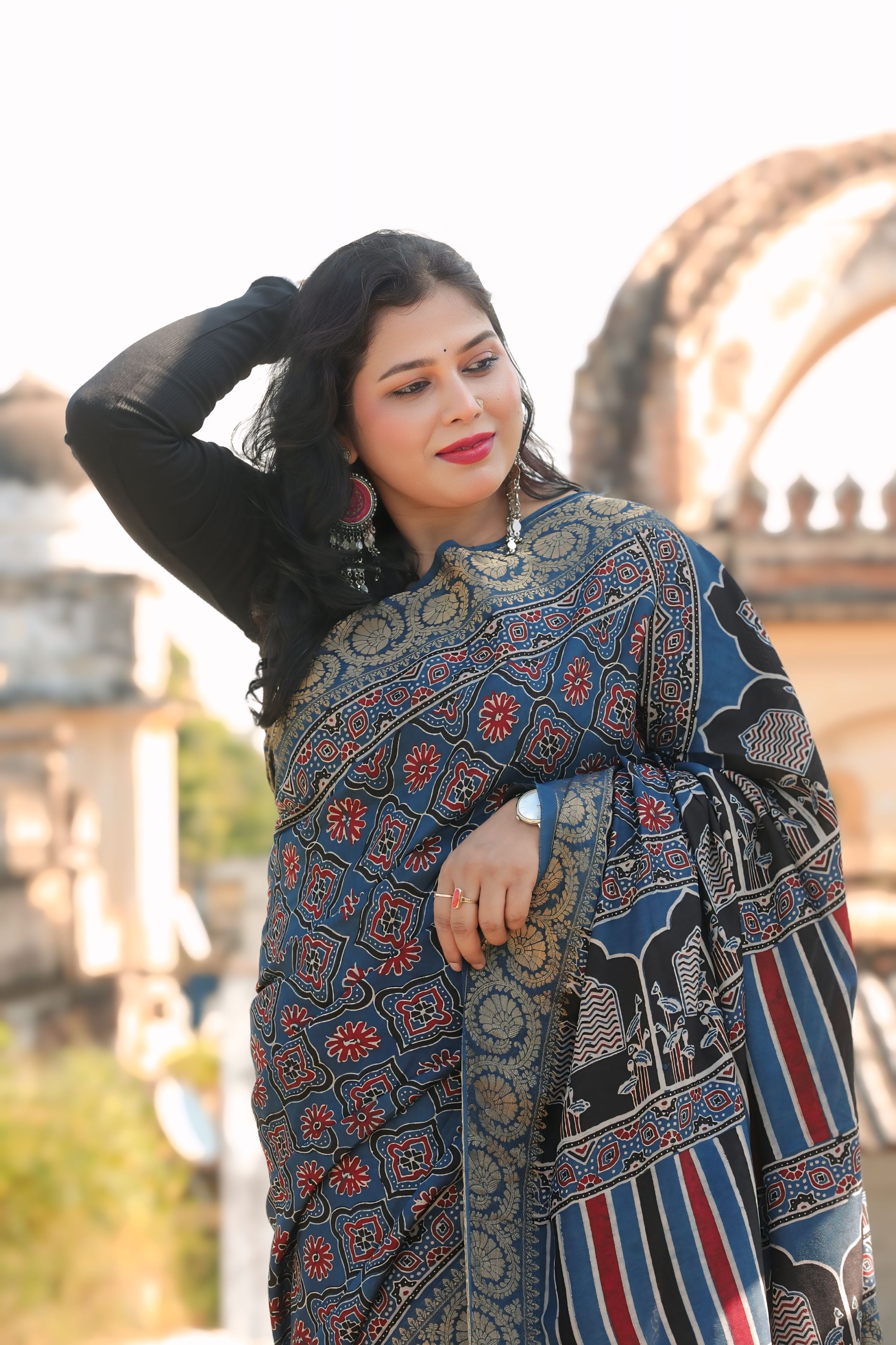 Blue Dola Silk Ajrakh Print Saree with Banarasi Border