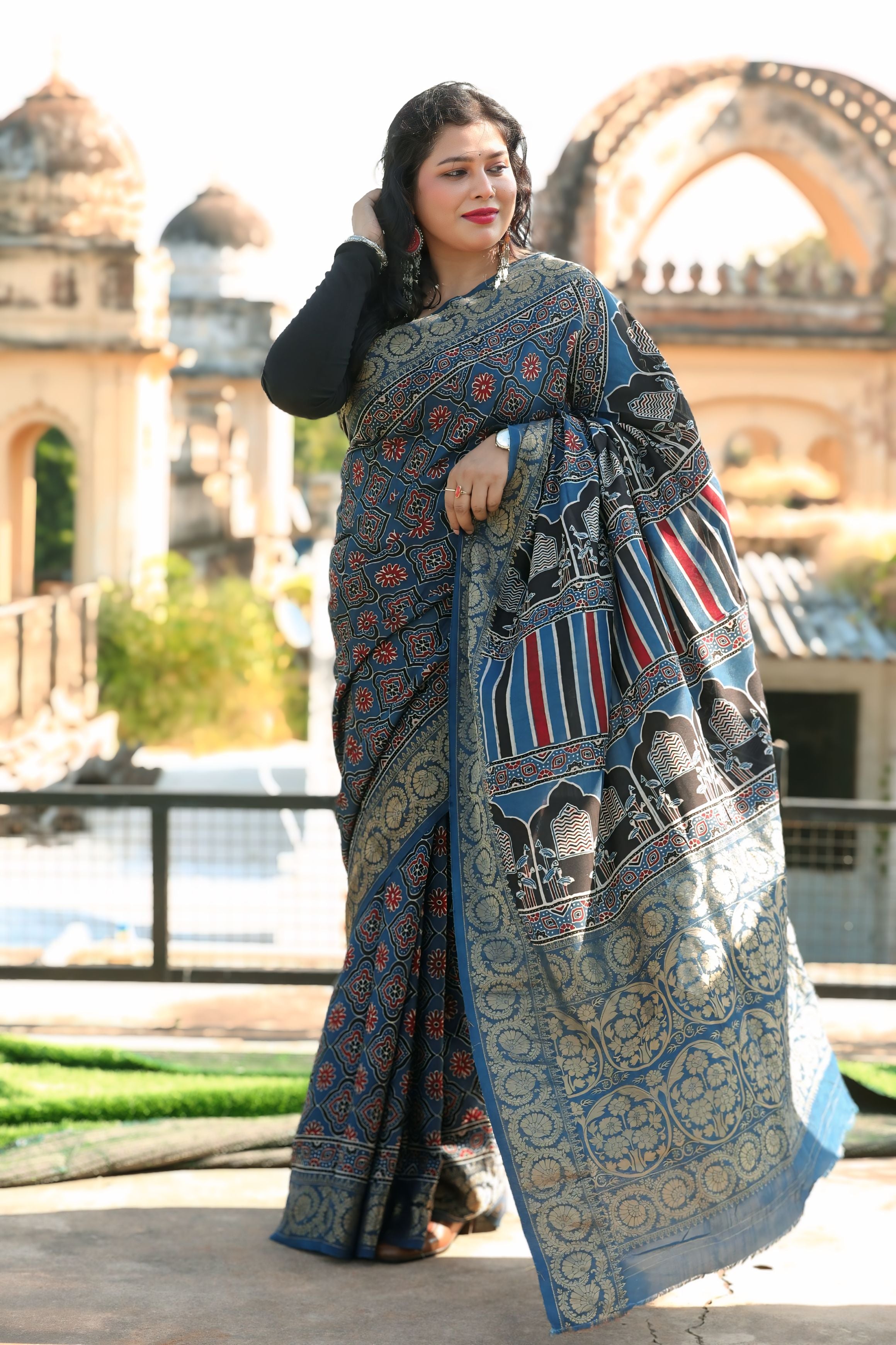 Blue Dola Silk Ajrakh Print Saree with Banarasi Border