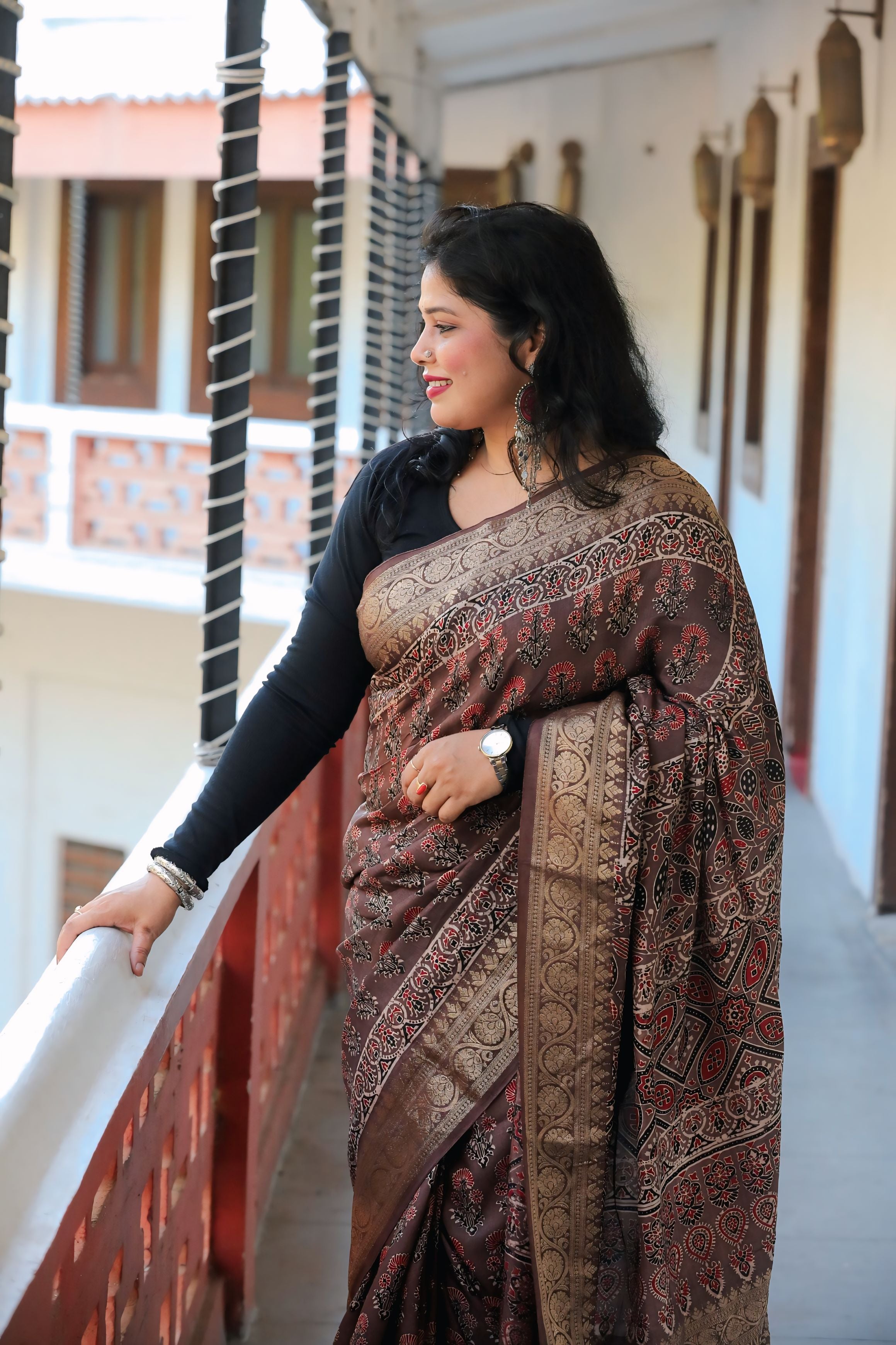 Brown Dola Silk Ajrakh Print Saree with Banarasi Border