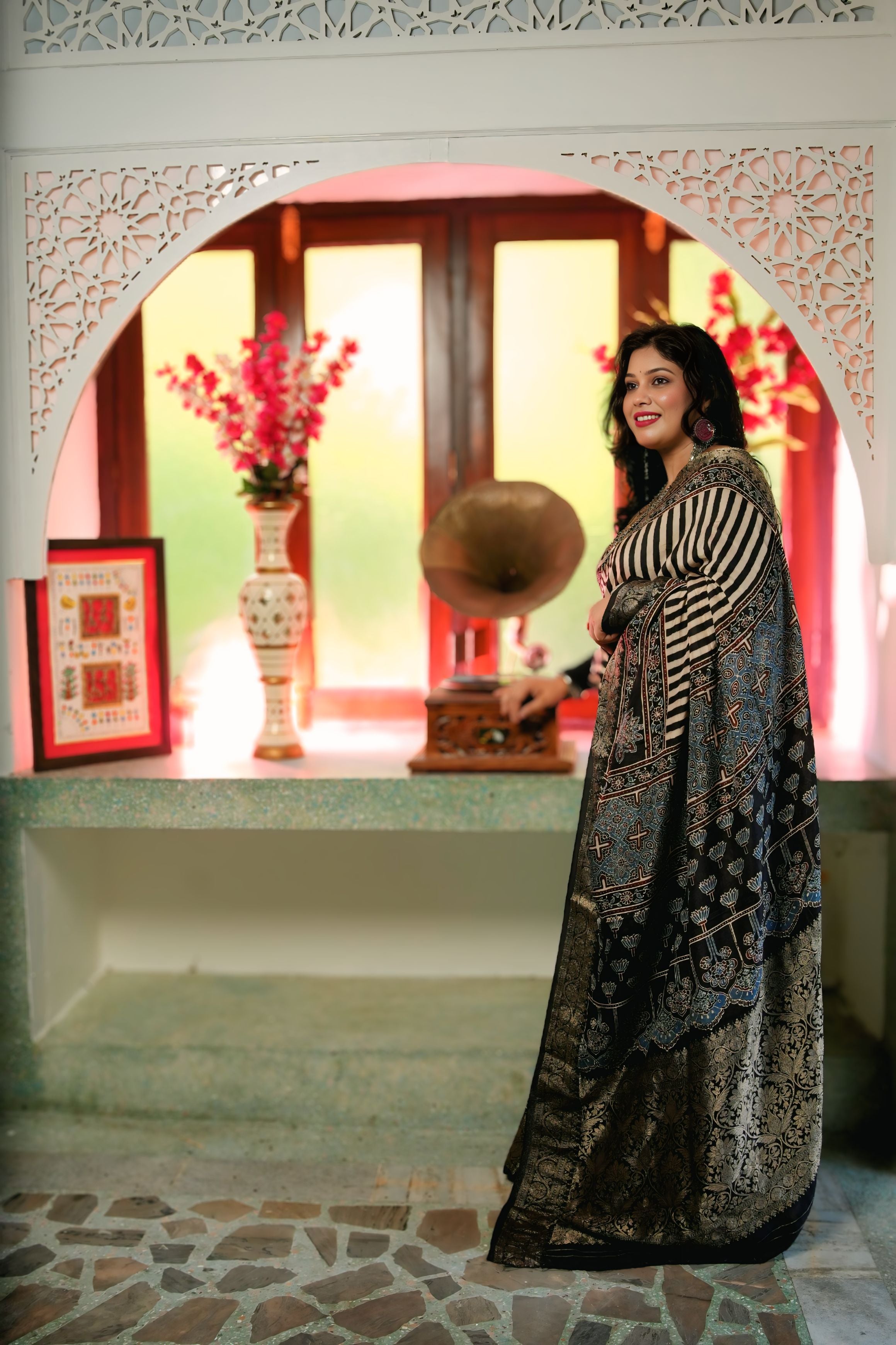 Black Dola Silk Ajrakh Print Saree with Banarasi Border