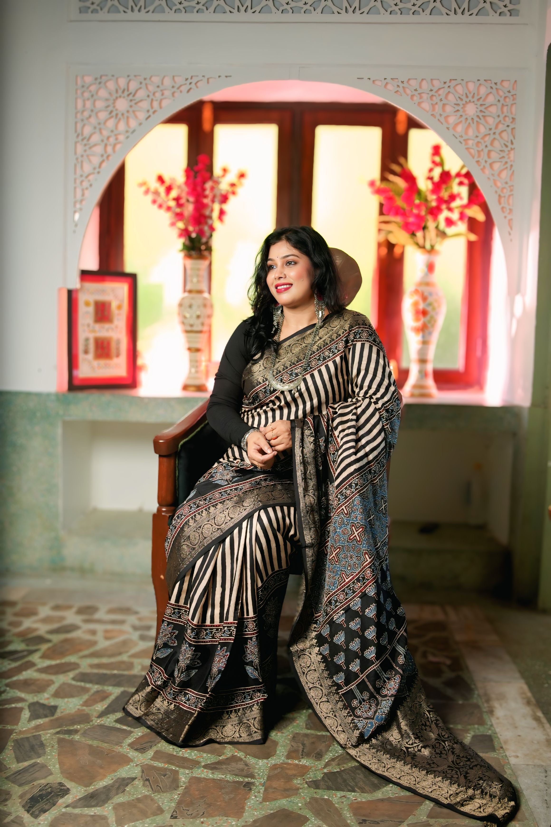 Black Dola Silk Ajrakh Print Saree with Banarasi Border