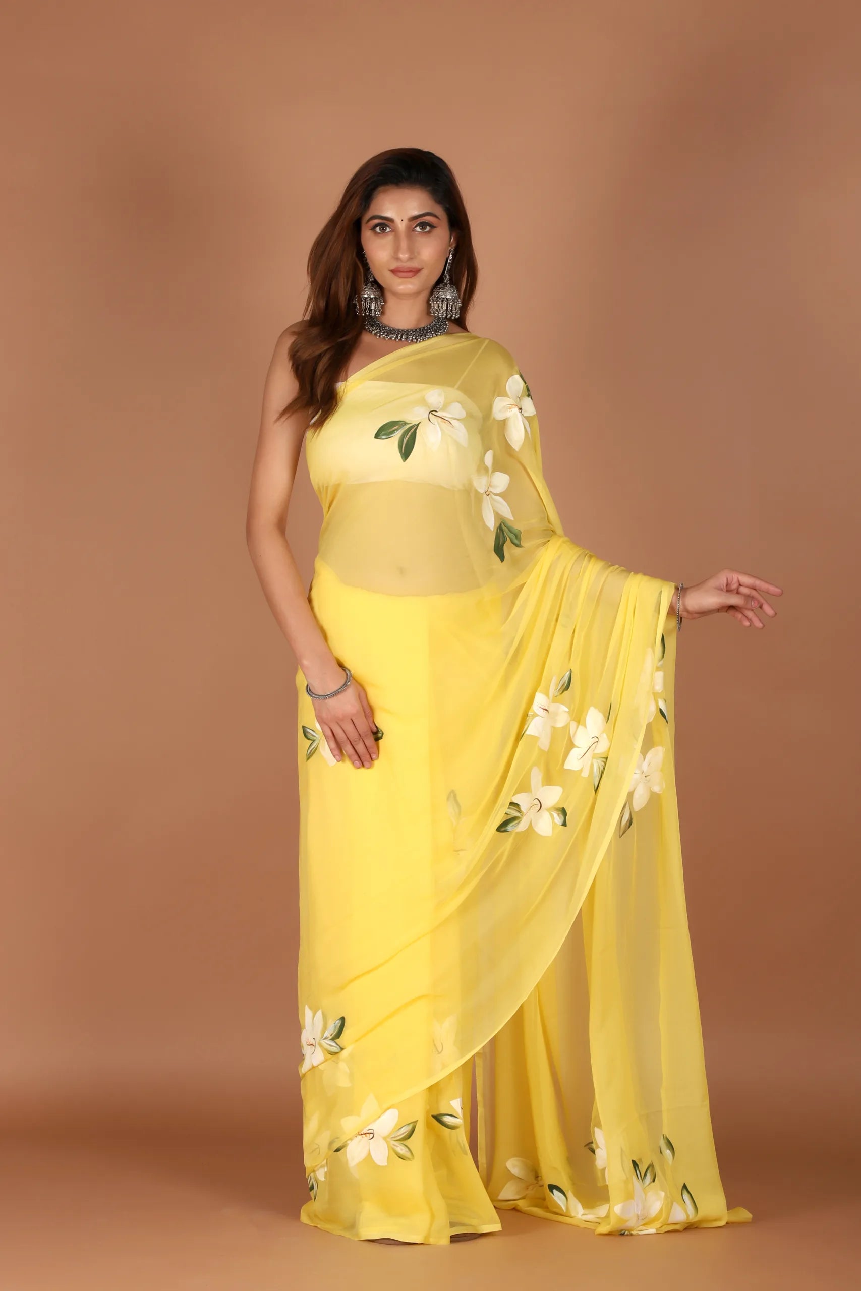 Elegant Yellow Chiffon Saree with Hand Floral Work