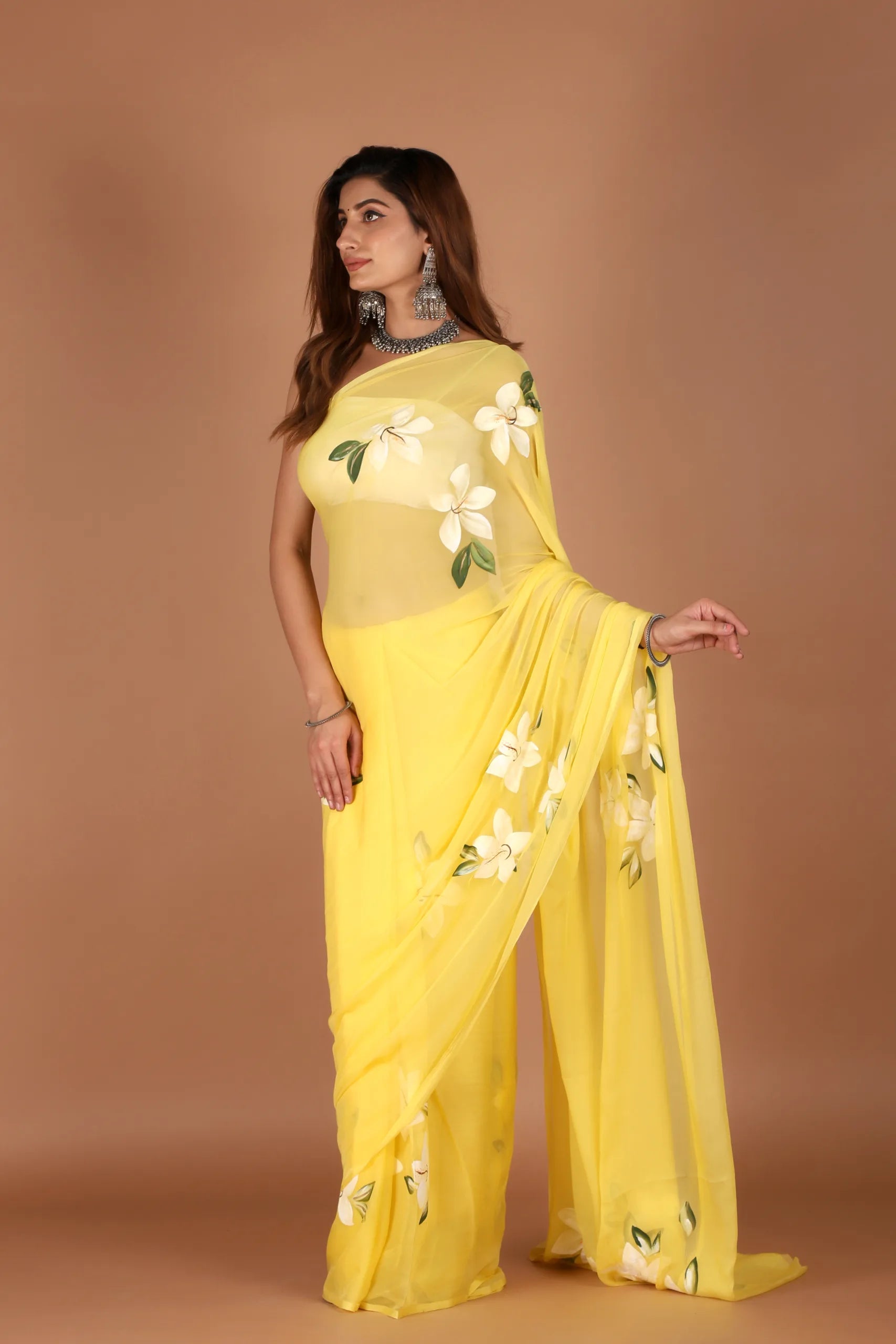 Elegant Yellow Chiffon Saree with Hand Floral Work