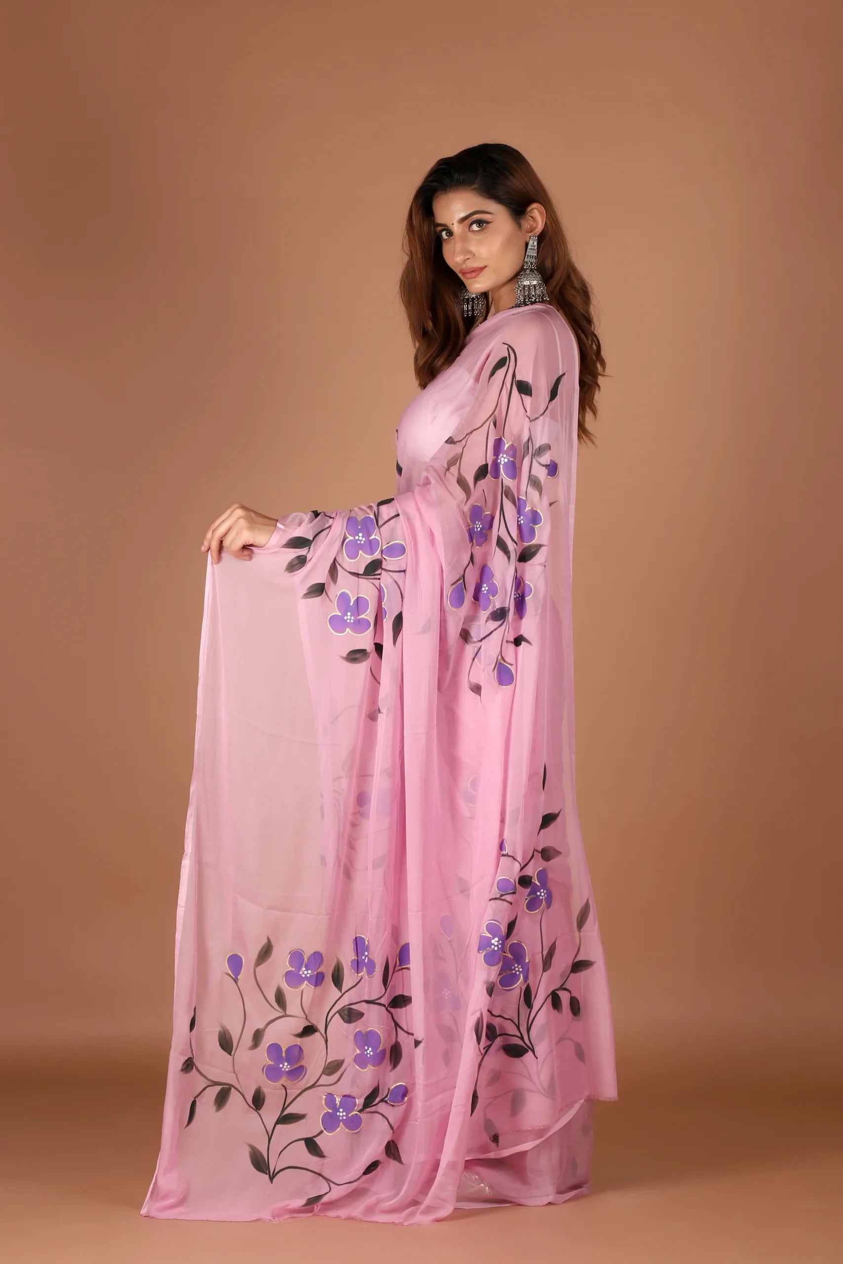 Blush Pink Organza Chiffon Saree with Purple Flowers