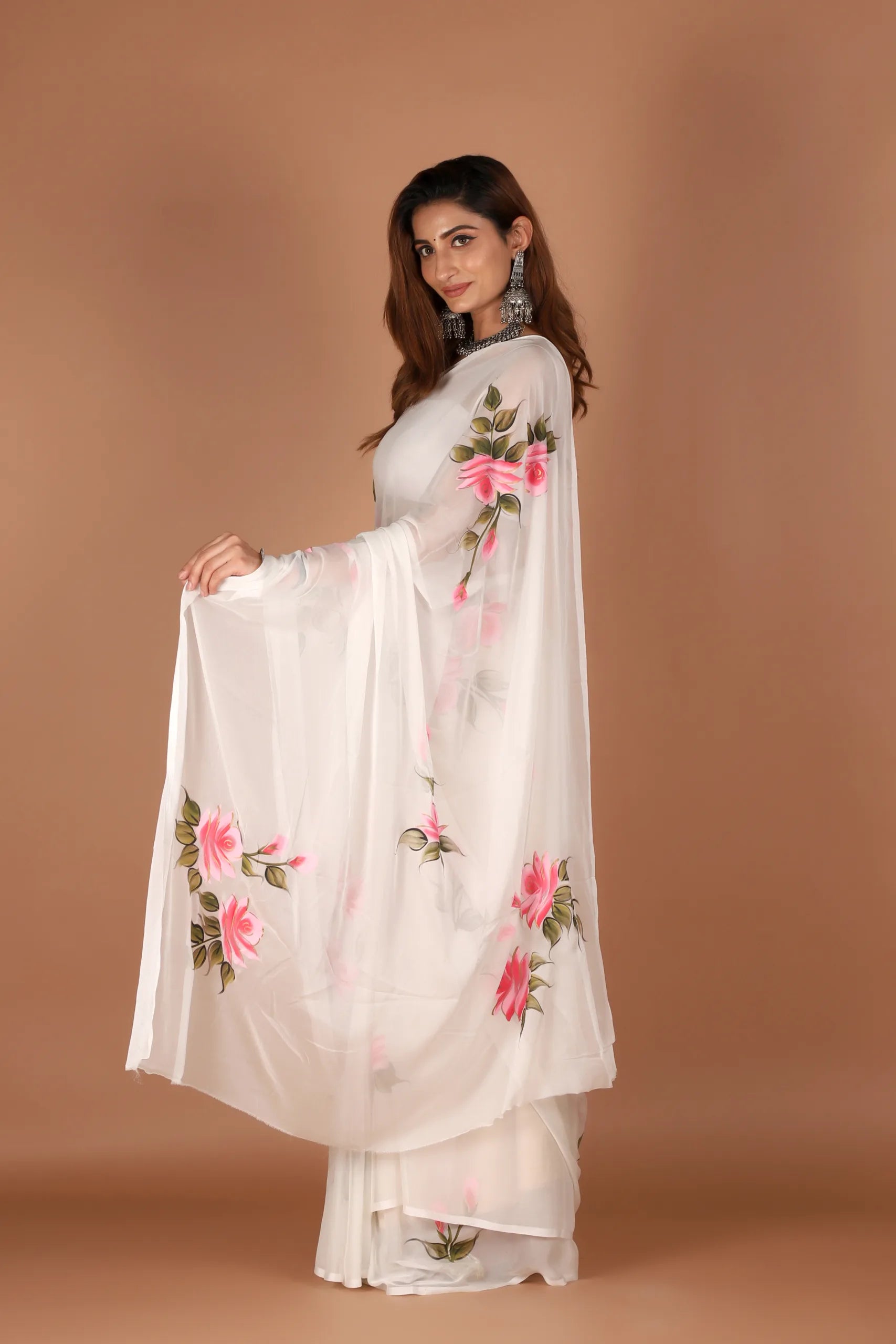 White Chiffon Saree with Hand Painted Roses