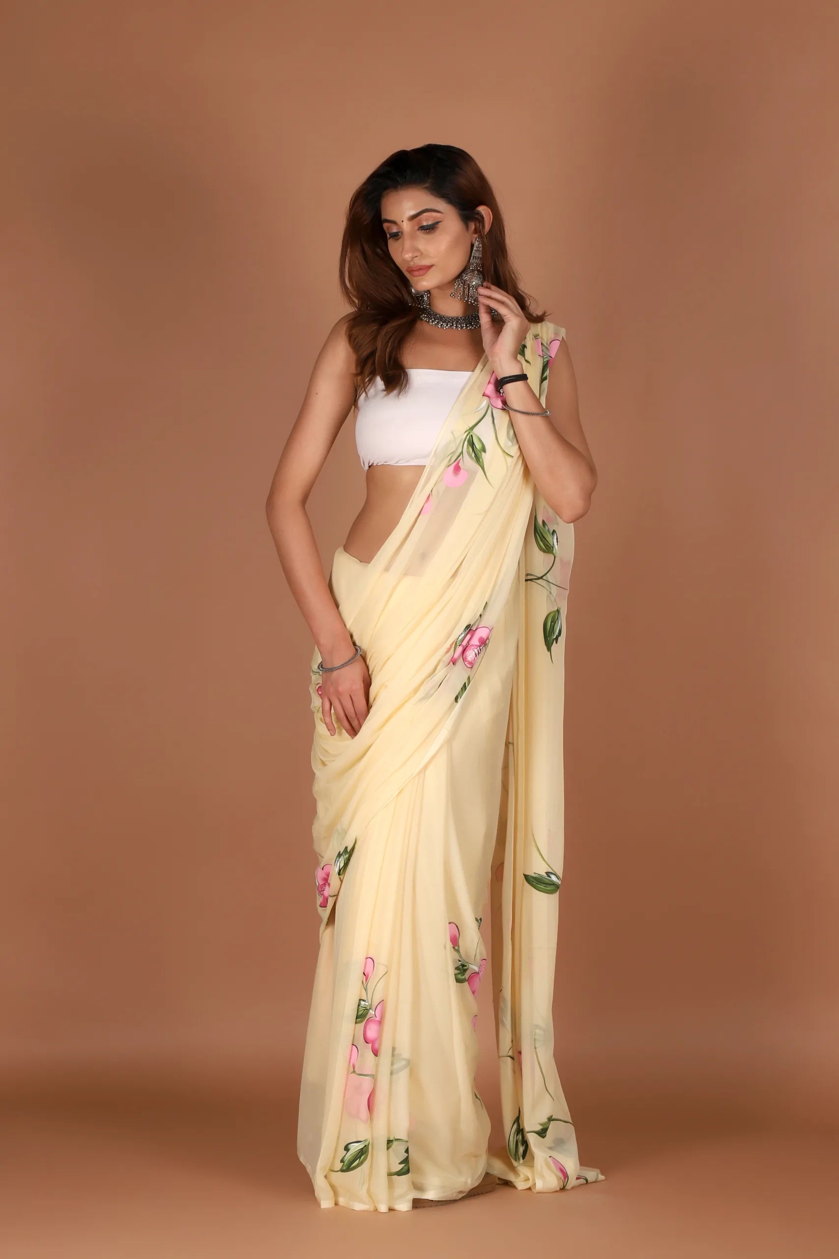 Soft Yellow Chiffon Saree with Floral Art