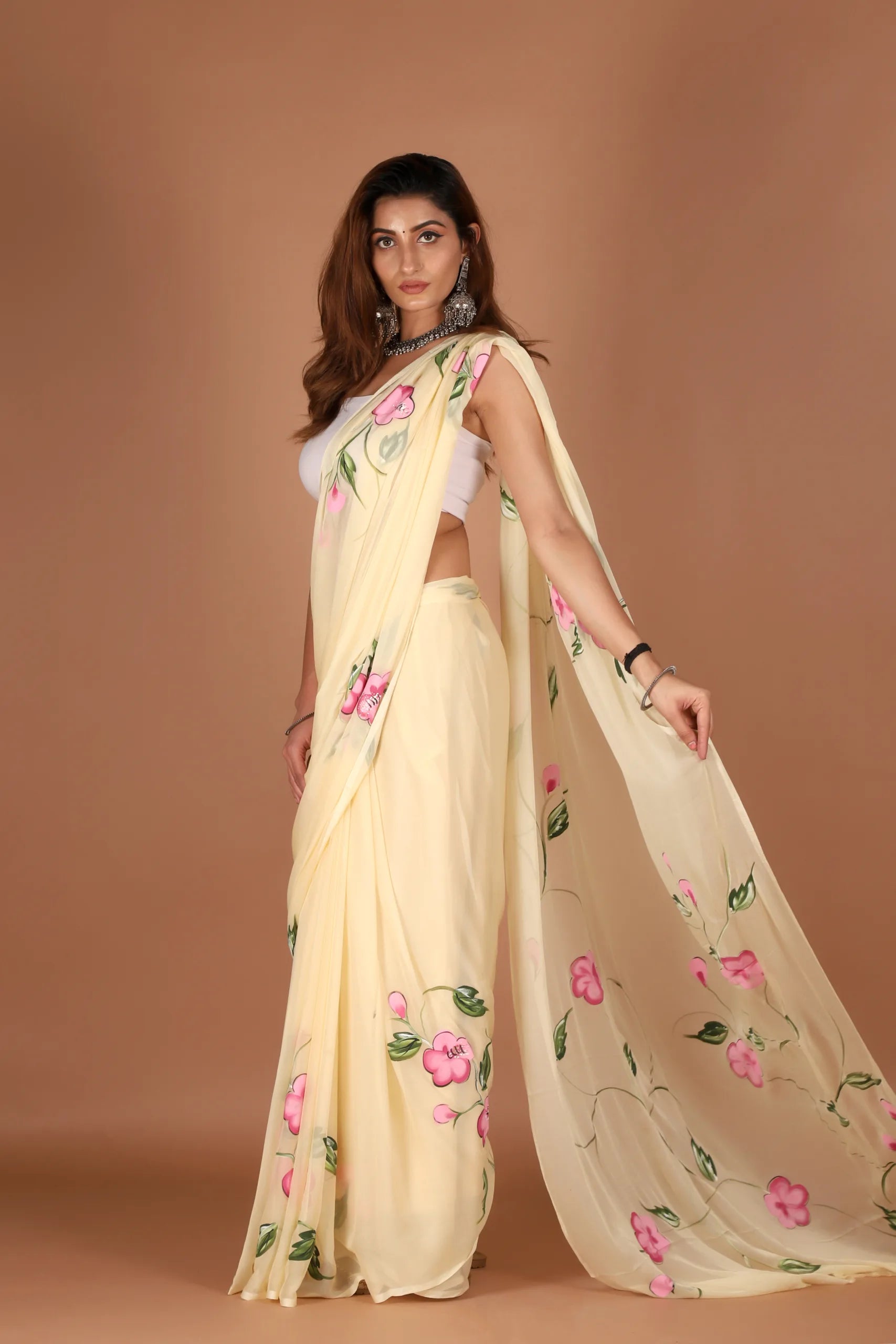 Soft Yellow Chiffon Saree with Floral Art