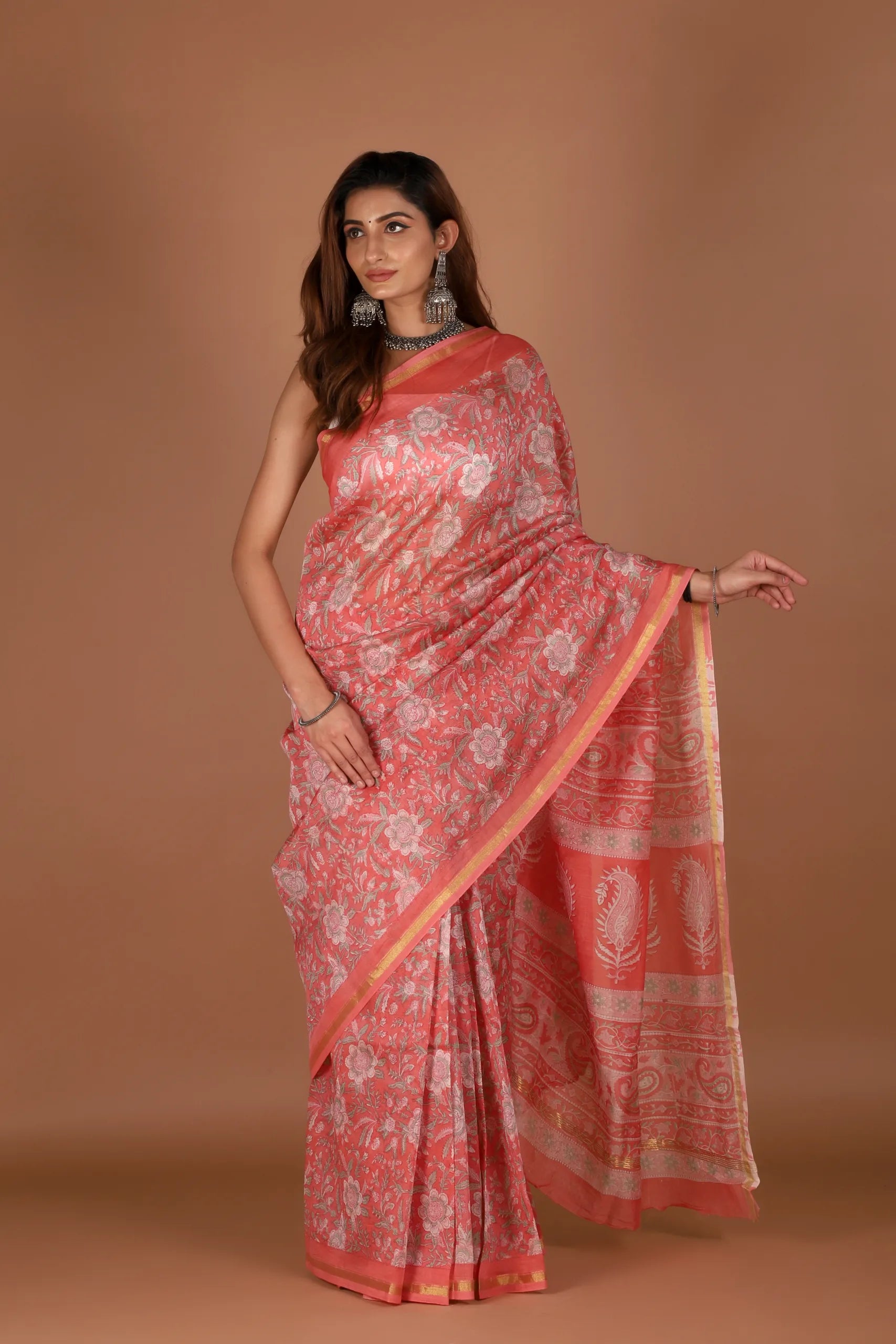 Coral Pink Chanderi Silk Saree with Zari Flowers