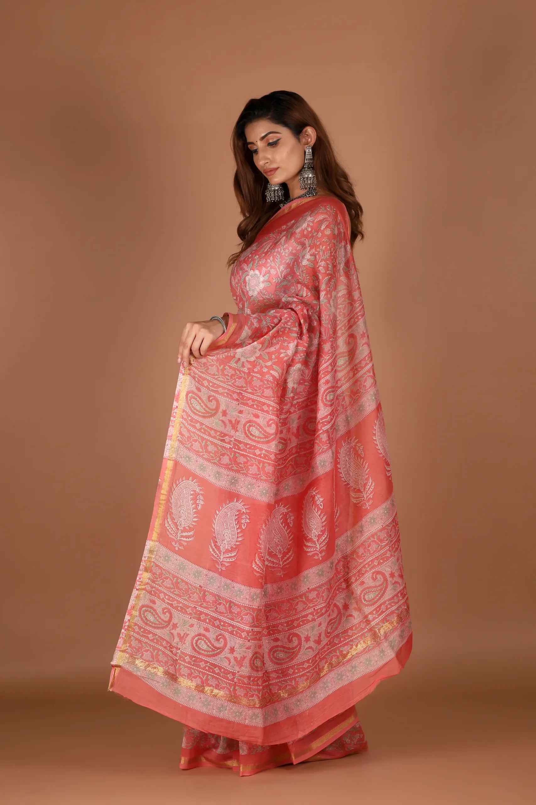 Coral Pink Chanderi Silk Saree with Zari Flowers