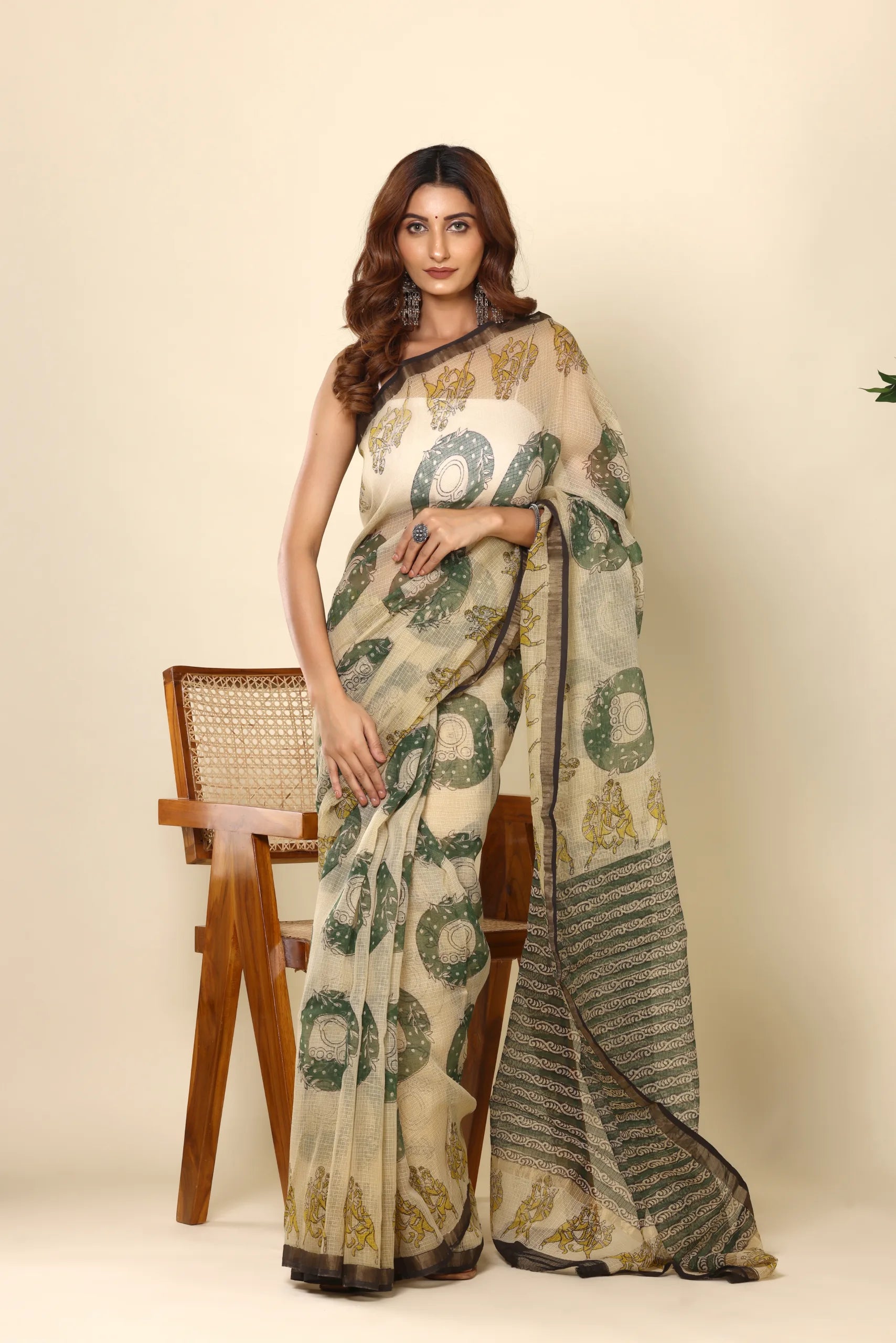 Elegant Beige Green Printed Kota Doria Saree
