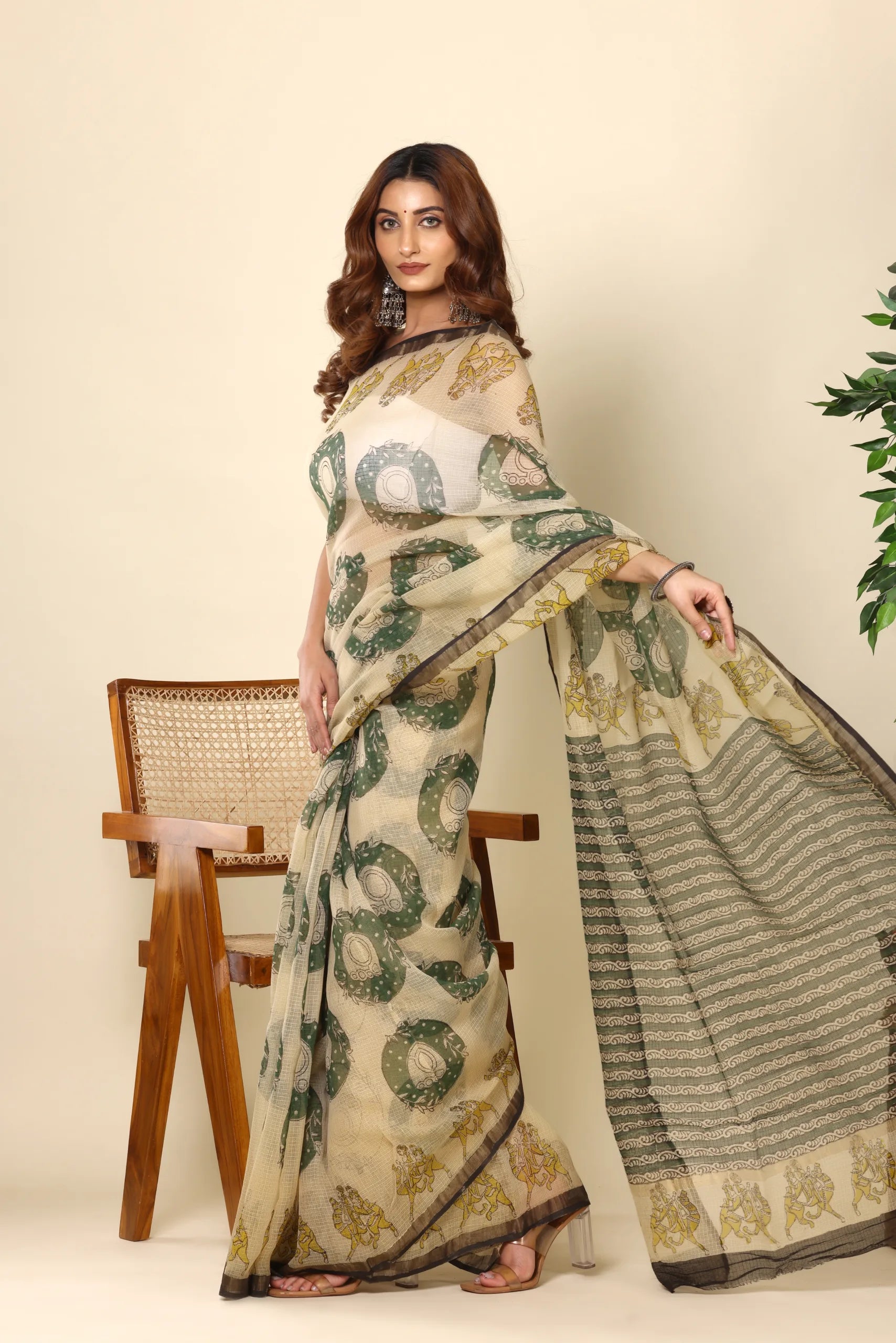 Elegant Beige Green Printed Kota Doria Saree