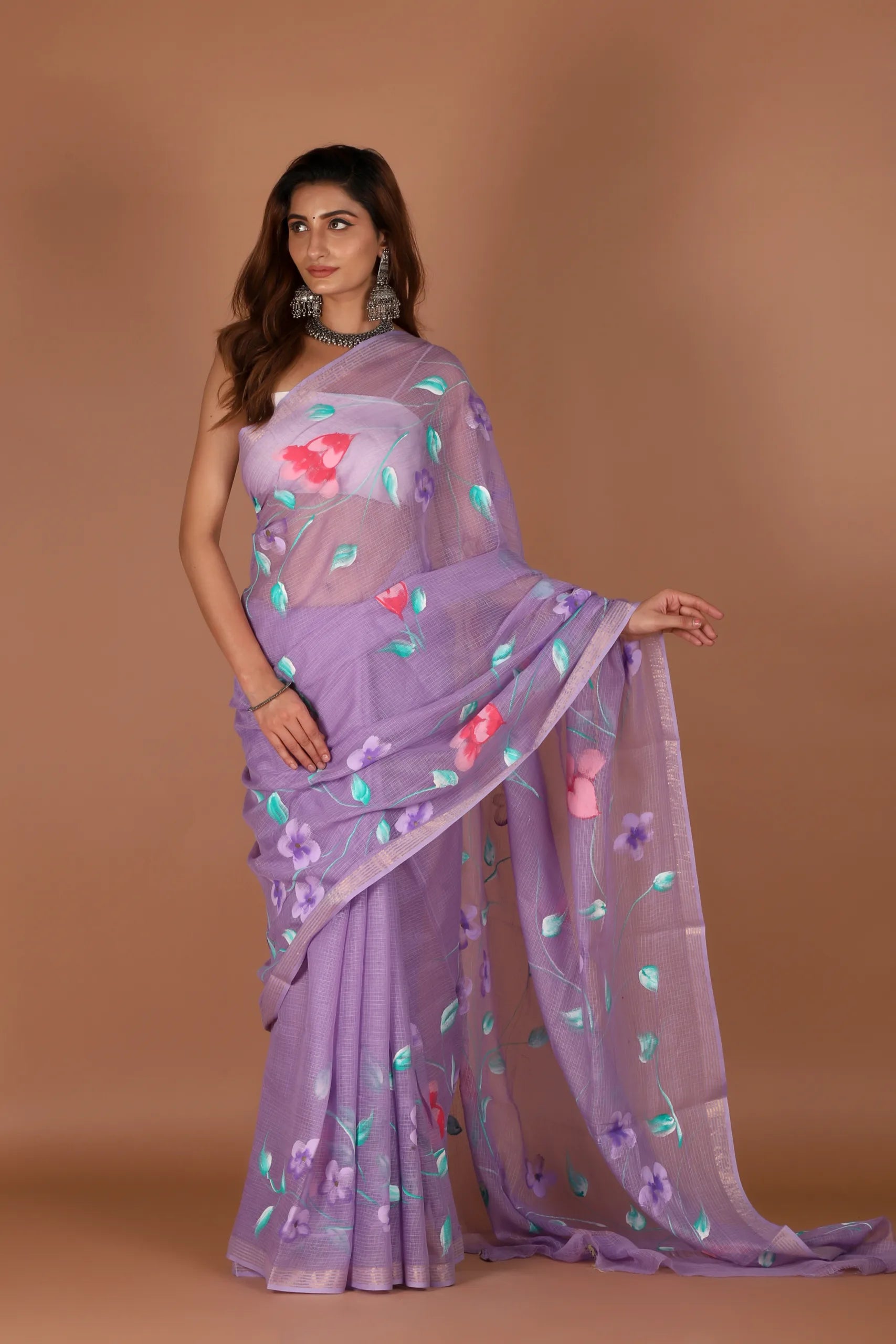 Lavender Kota Doria Saree – Handpainted Elegance