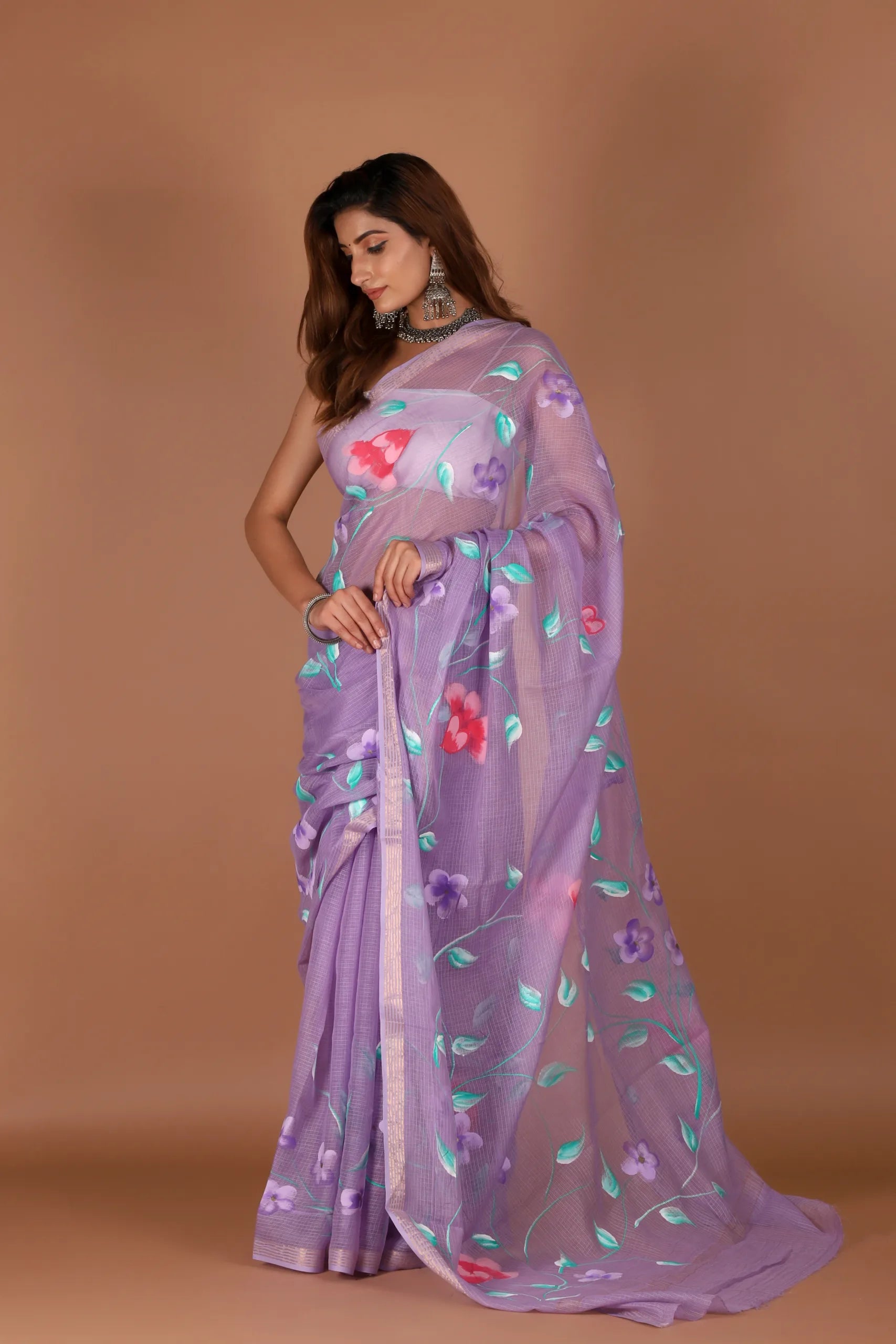 Lavender Kota Doria Saree with Floral Handpainting