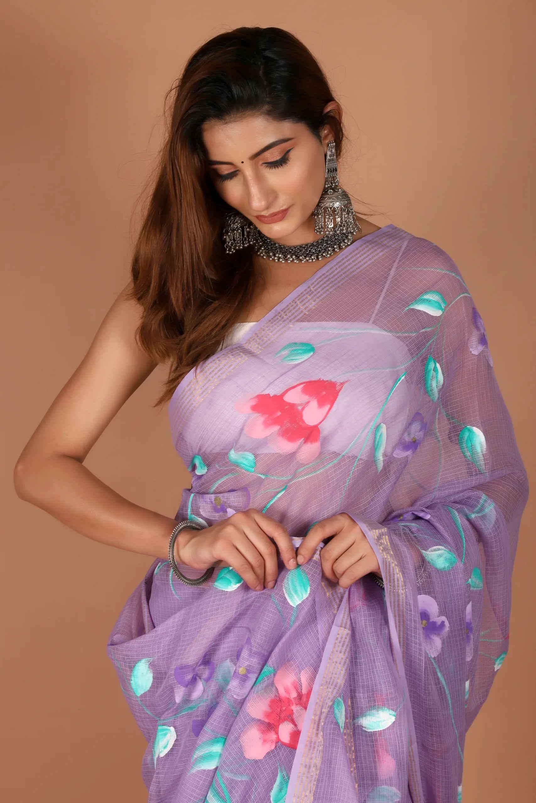 Lavender Kota Doria Saree with Floral Handpainting