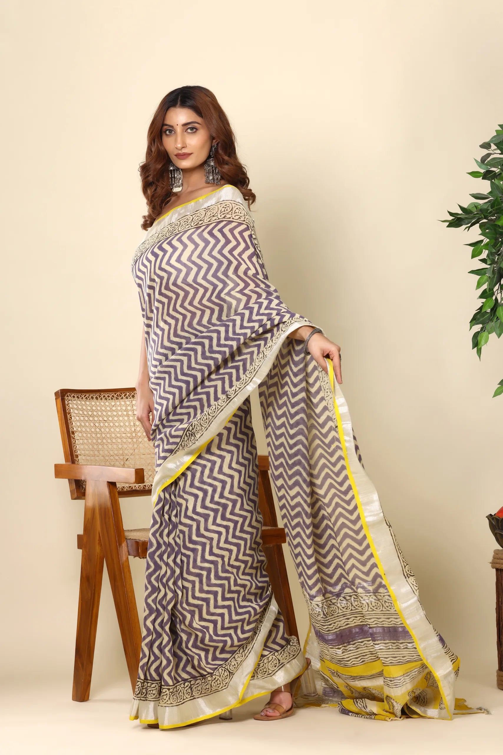 Zigzag Print Cotton Saree with Yellow Border