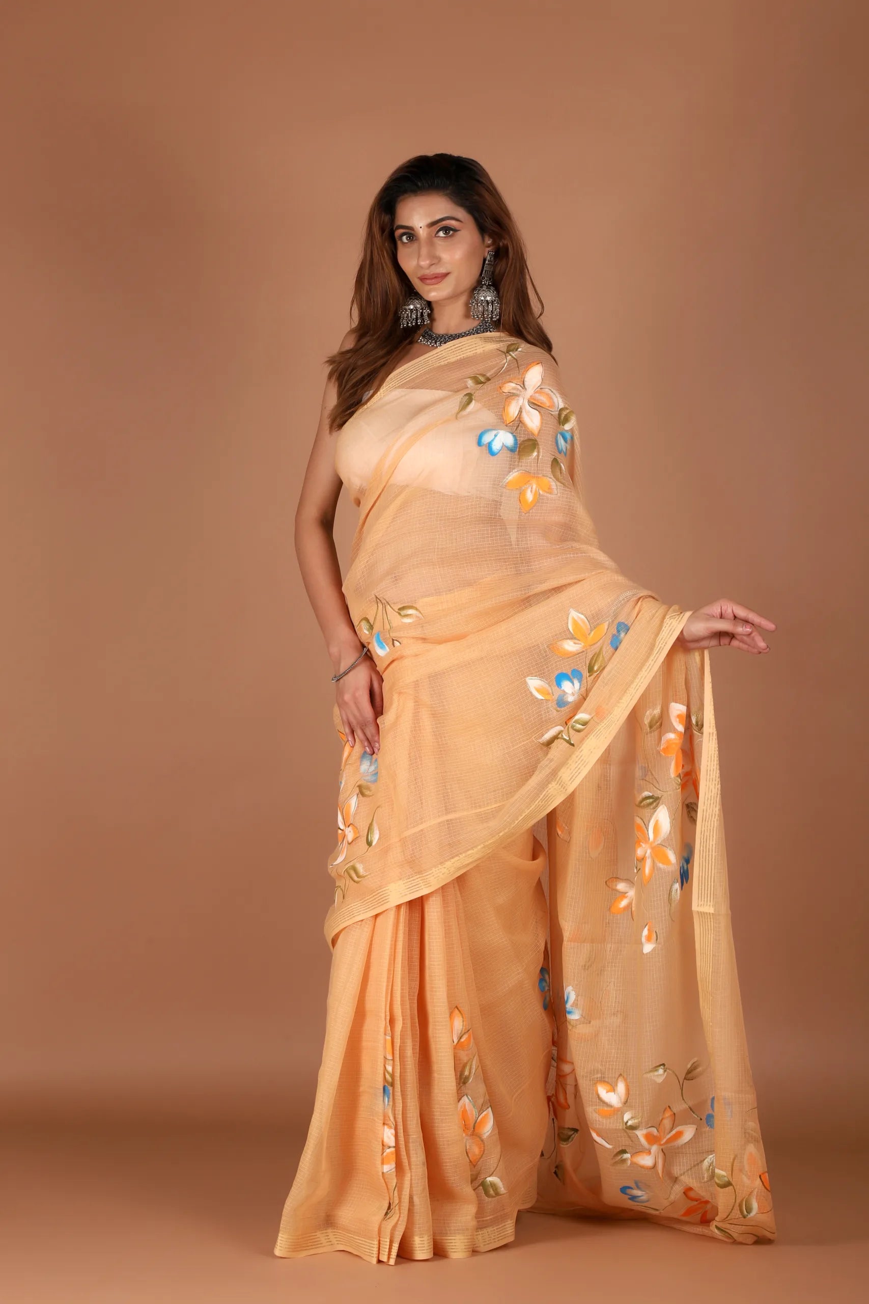 Peach Kota Doria Saree with Floral Handpainting
