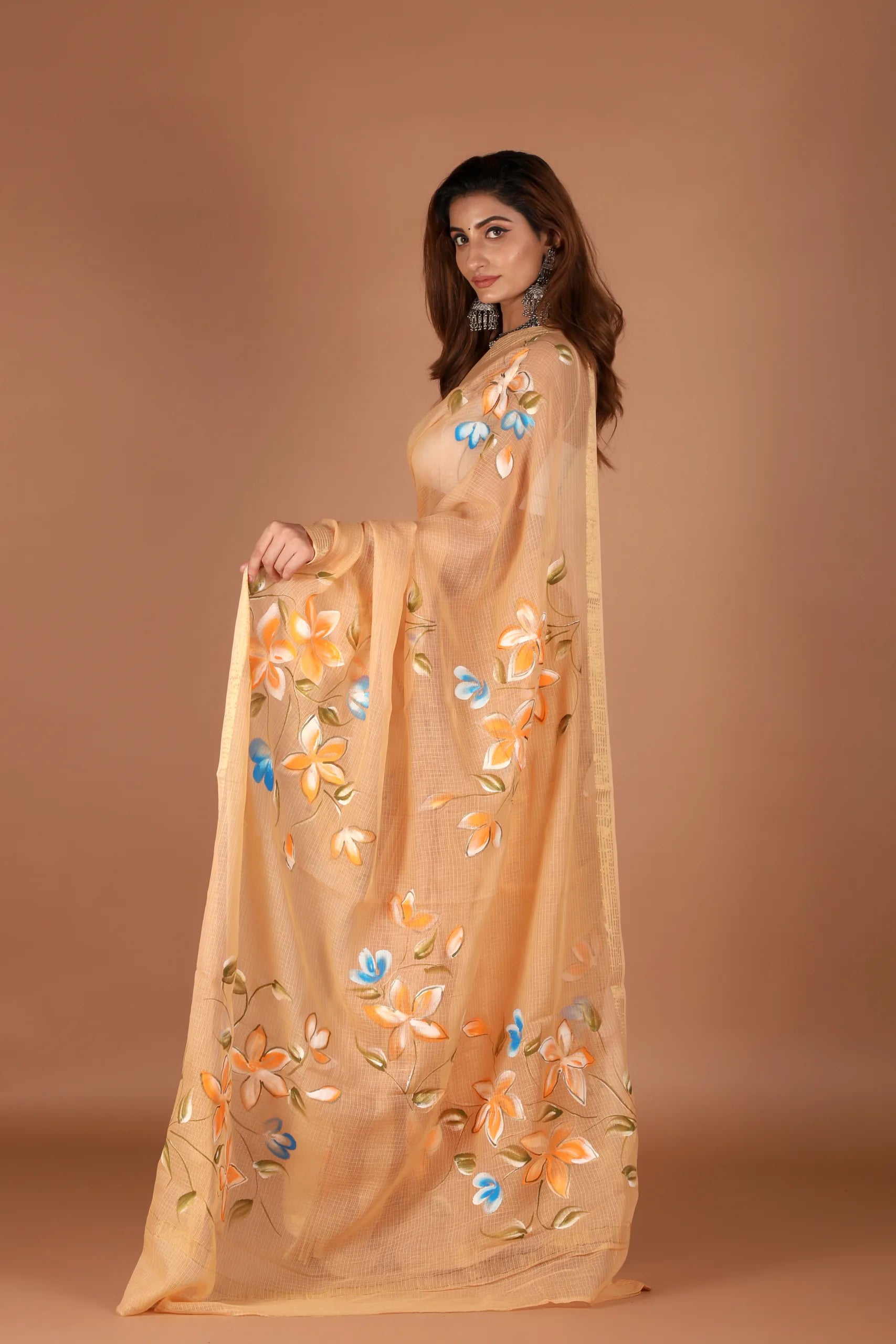 Peach Kota Doria Saree with Floral Handpainting