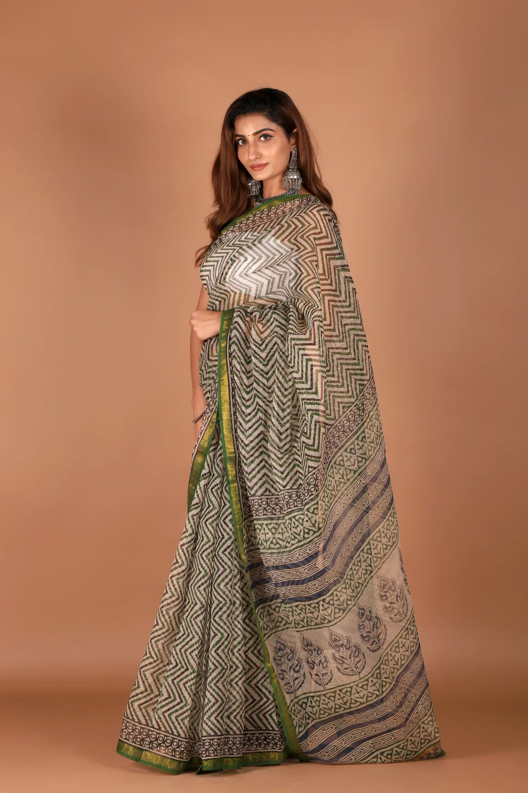Kota Doria Saree with Green Zari Border