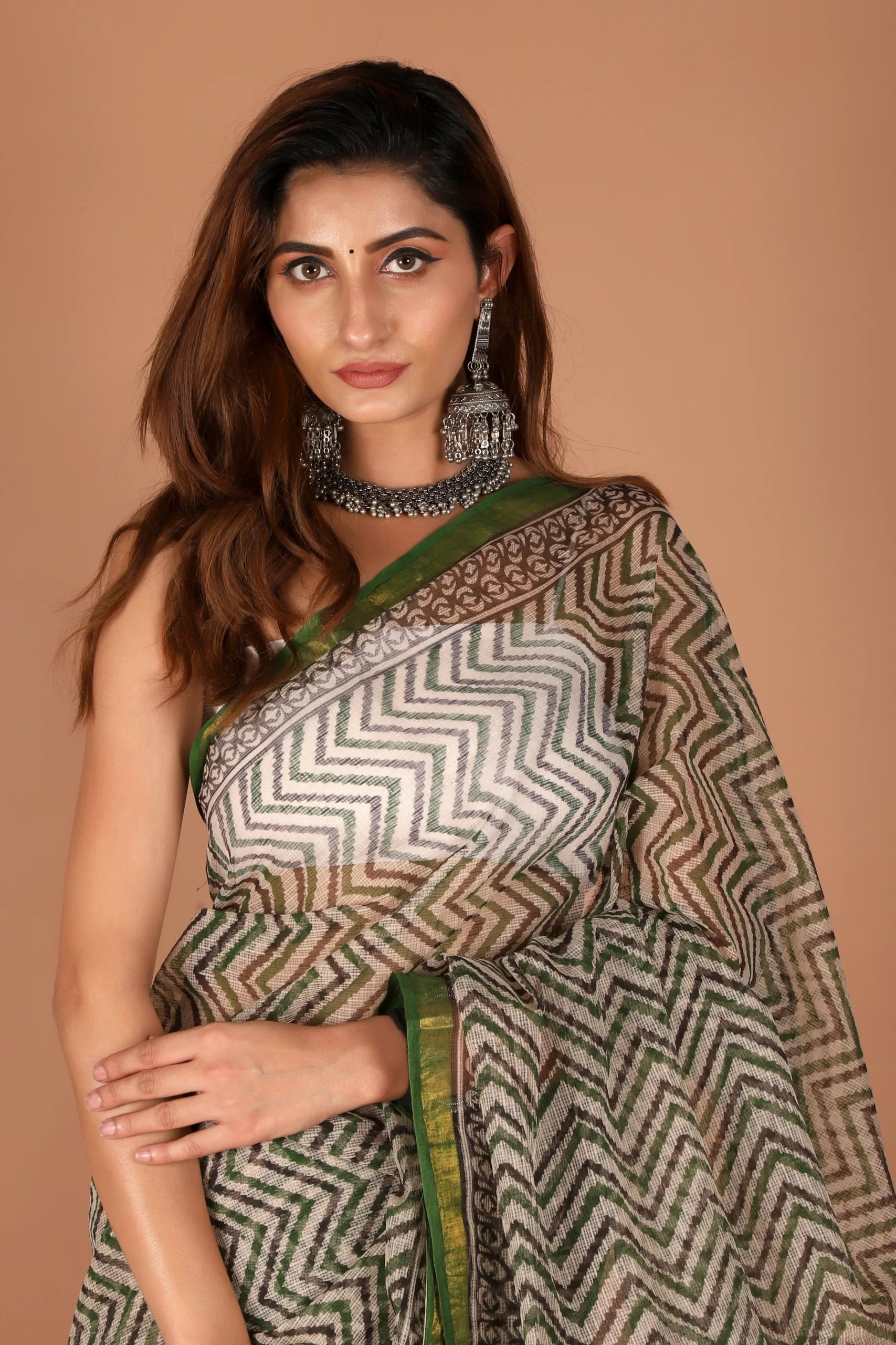 Kota Doria Saree with Green Zari Border