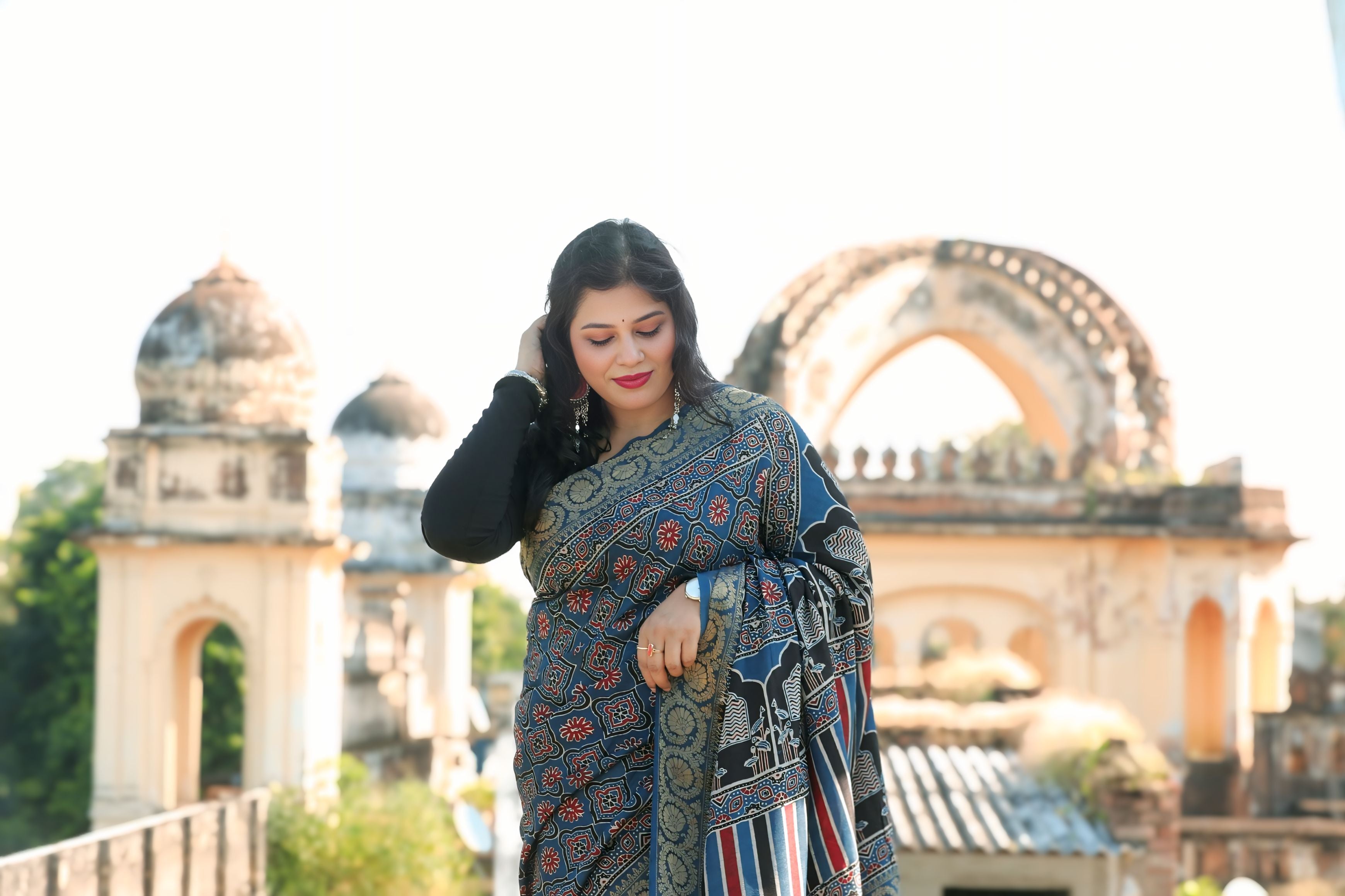 Blue Dola Silk Ajrakh Print Saree with Banarasi Border