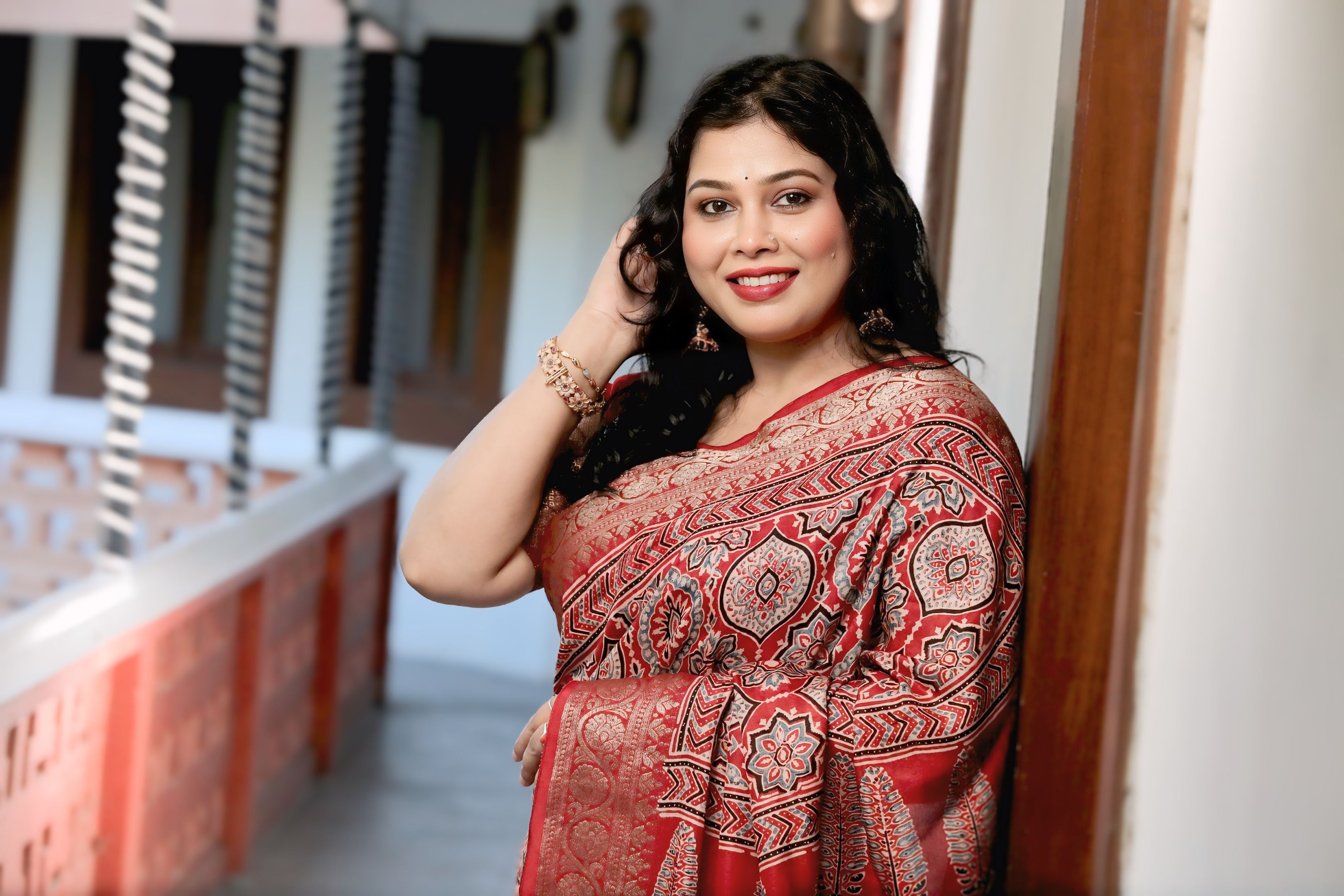 Maroon Dola Silk Ajrakh Print Saree with Banarasi Border