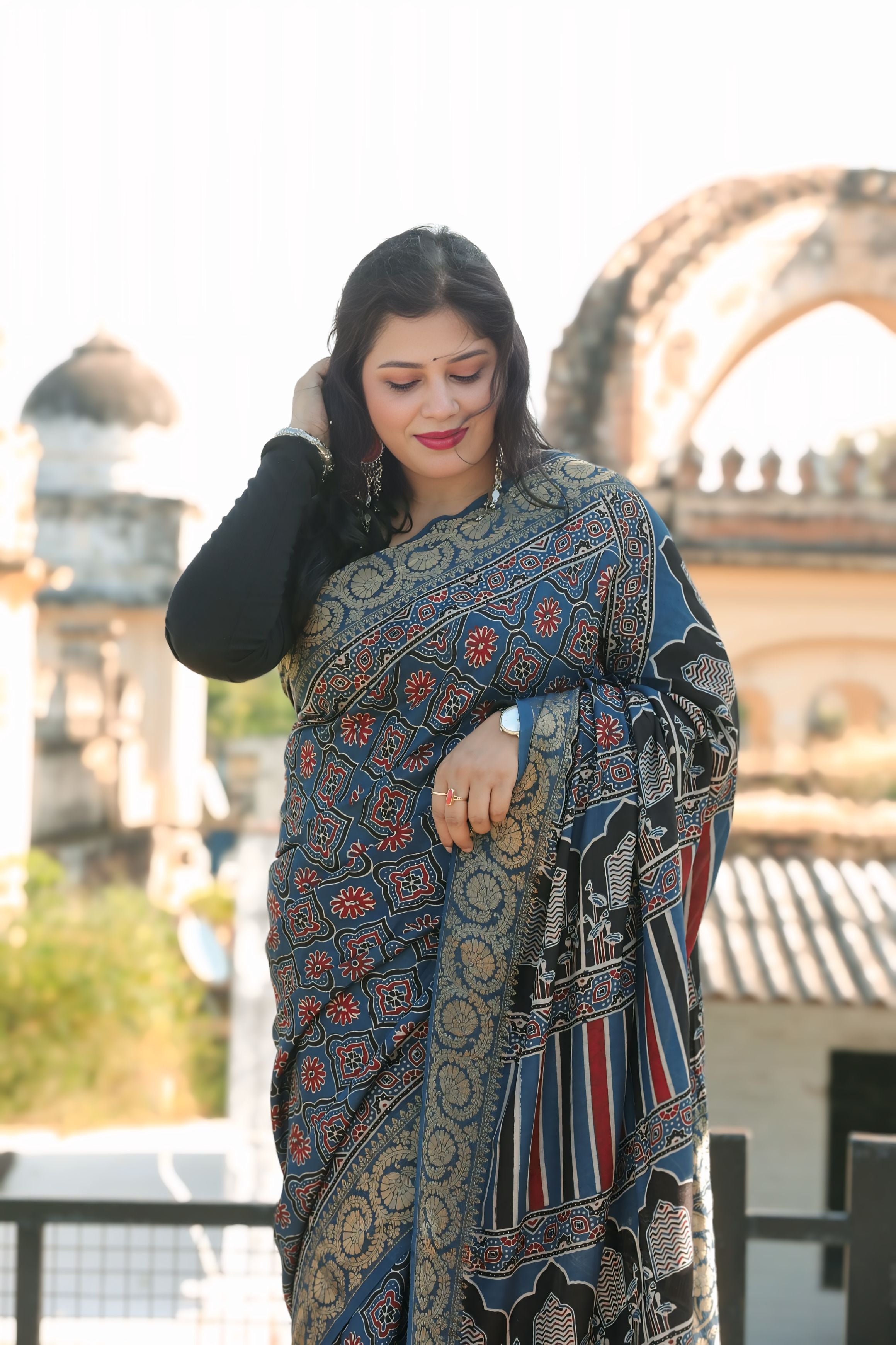 Blue Dola Silk Ajrakh Print Saree with Banarasi Border