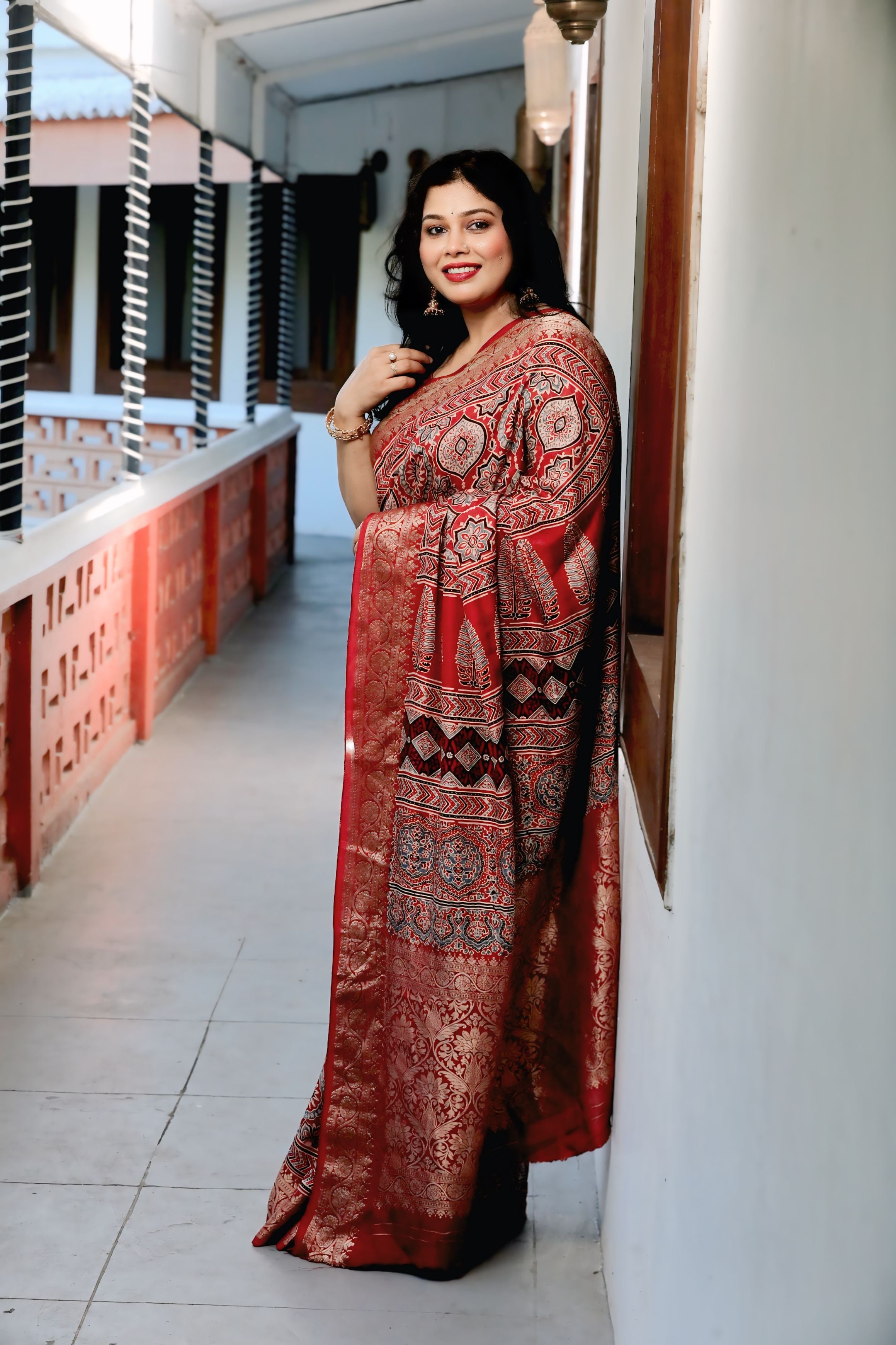 Maroon Dola Silk Ajrakh Print Saree with Banarasi Border