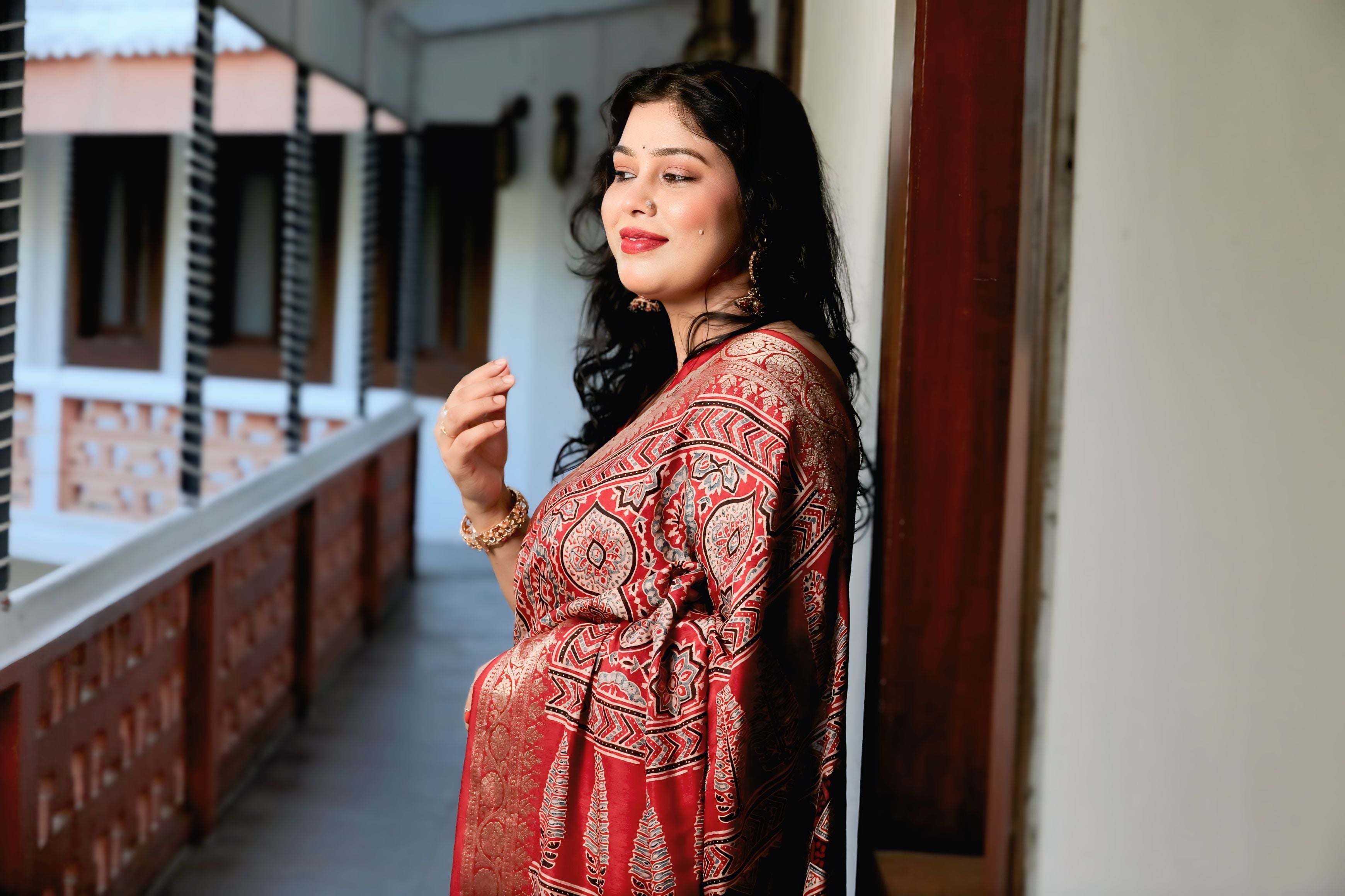 Maroon Dola Silk Ajrakh Print Saree with Banarasi Border