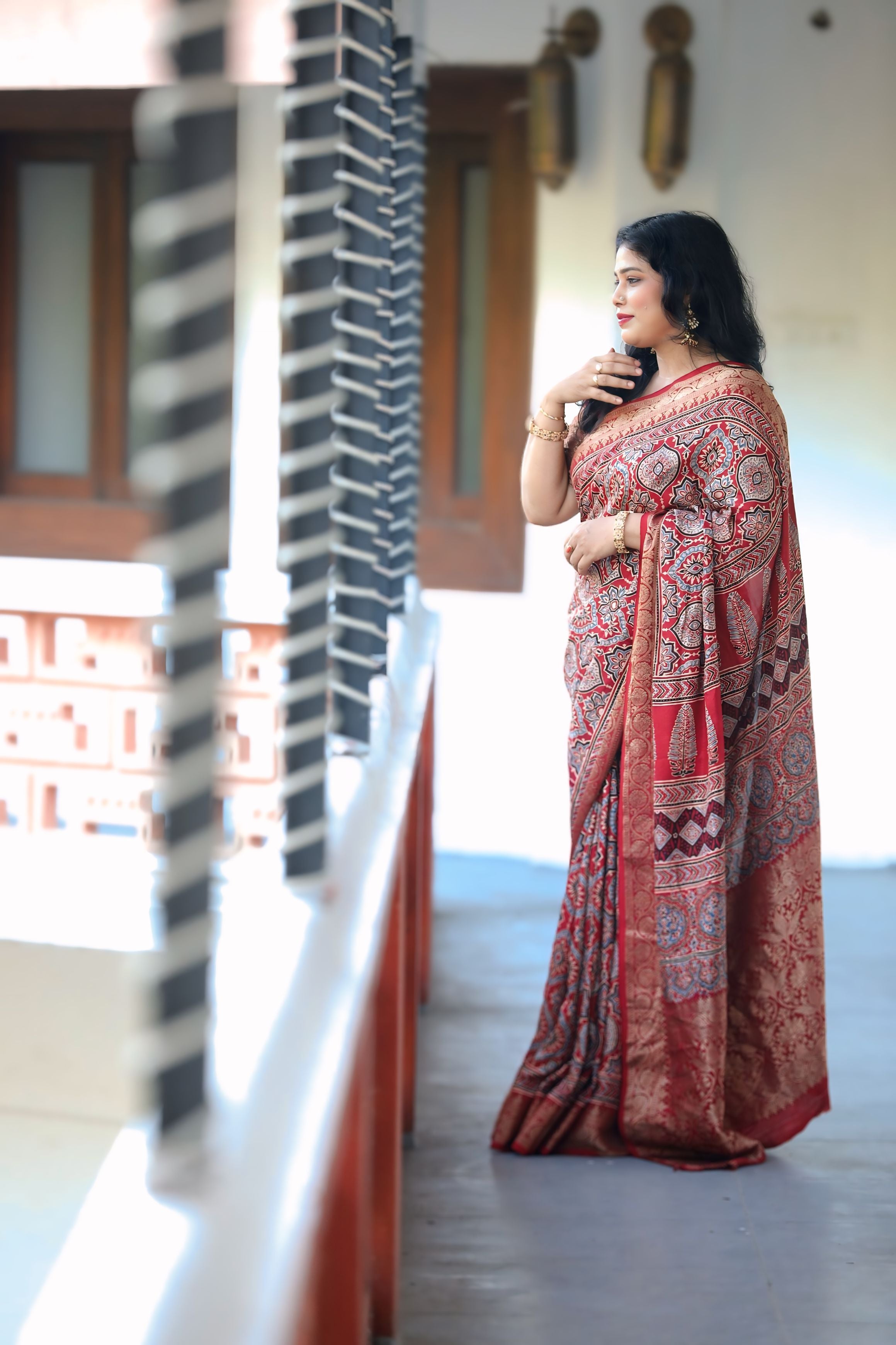 Maroon Dola Silk Ajrakh Print Saree with Banarasi Border