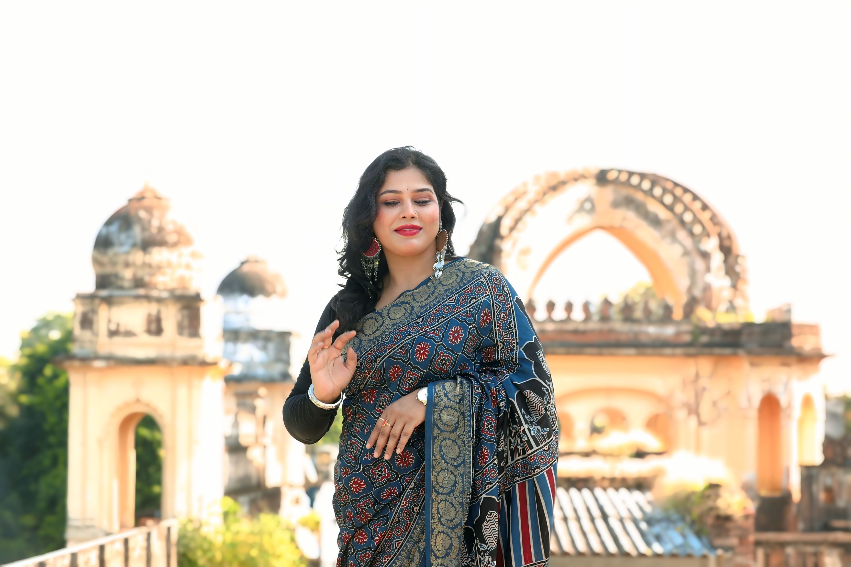 Blue Dola Silk Ajrakh Print Saree with Banarasi Border