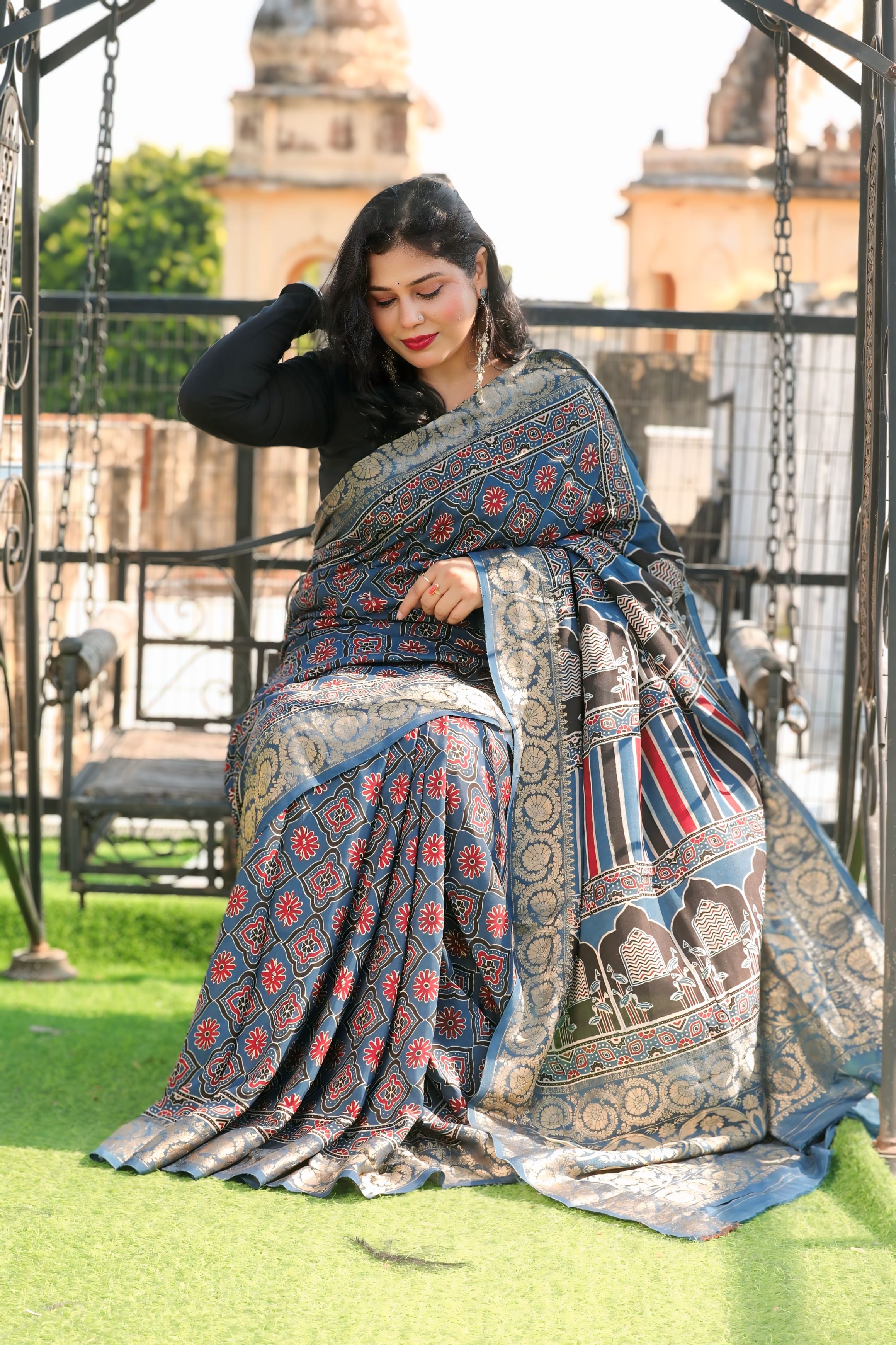 Blue Dola Silk Ajrakh Print Saree with Banarasi Border