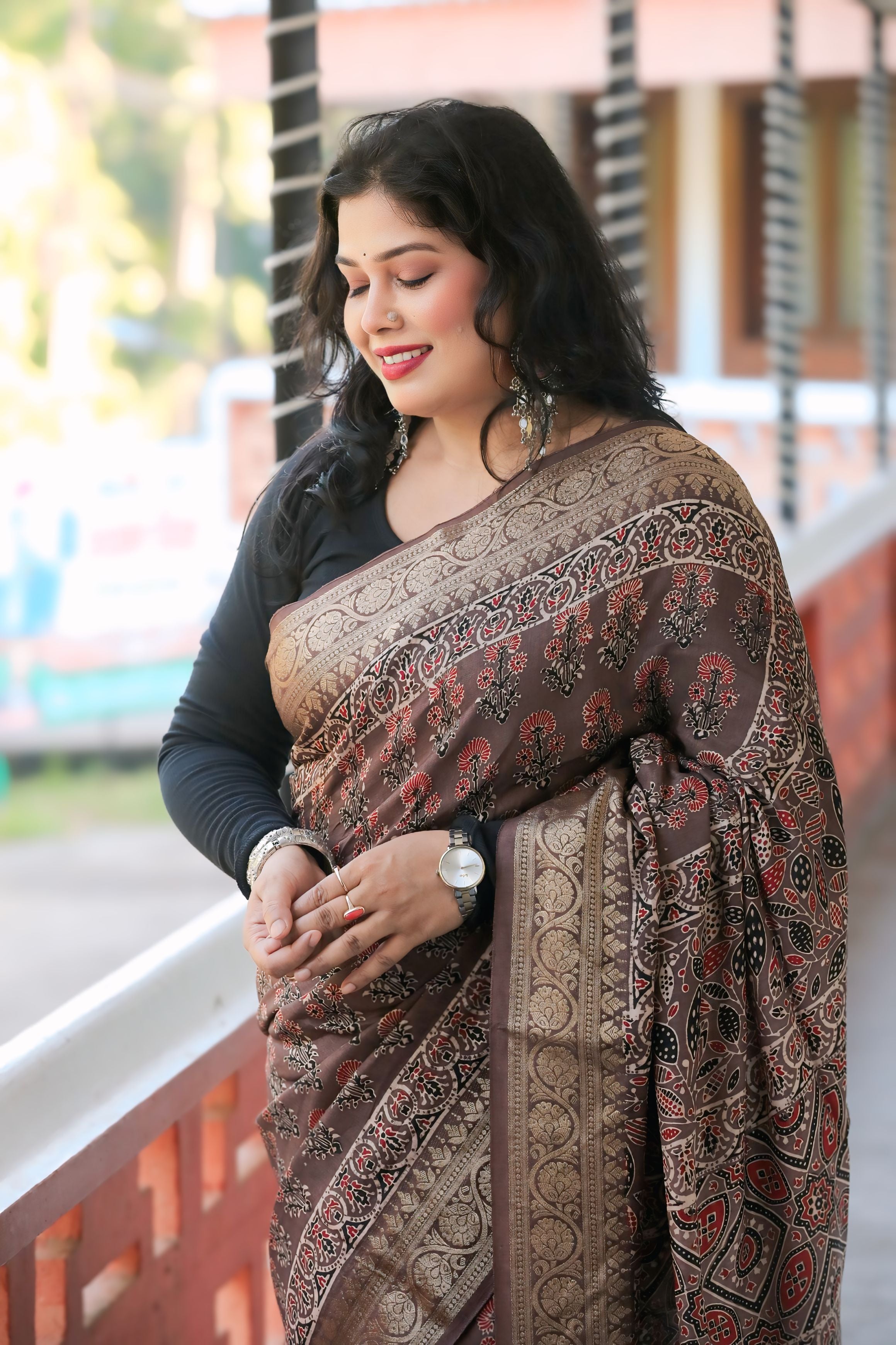 Brown Dola Silk Ajrakh Print Saree with Banarasi Border