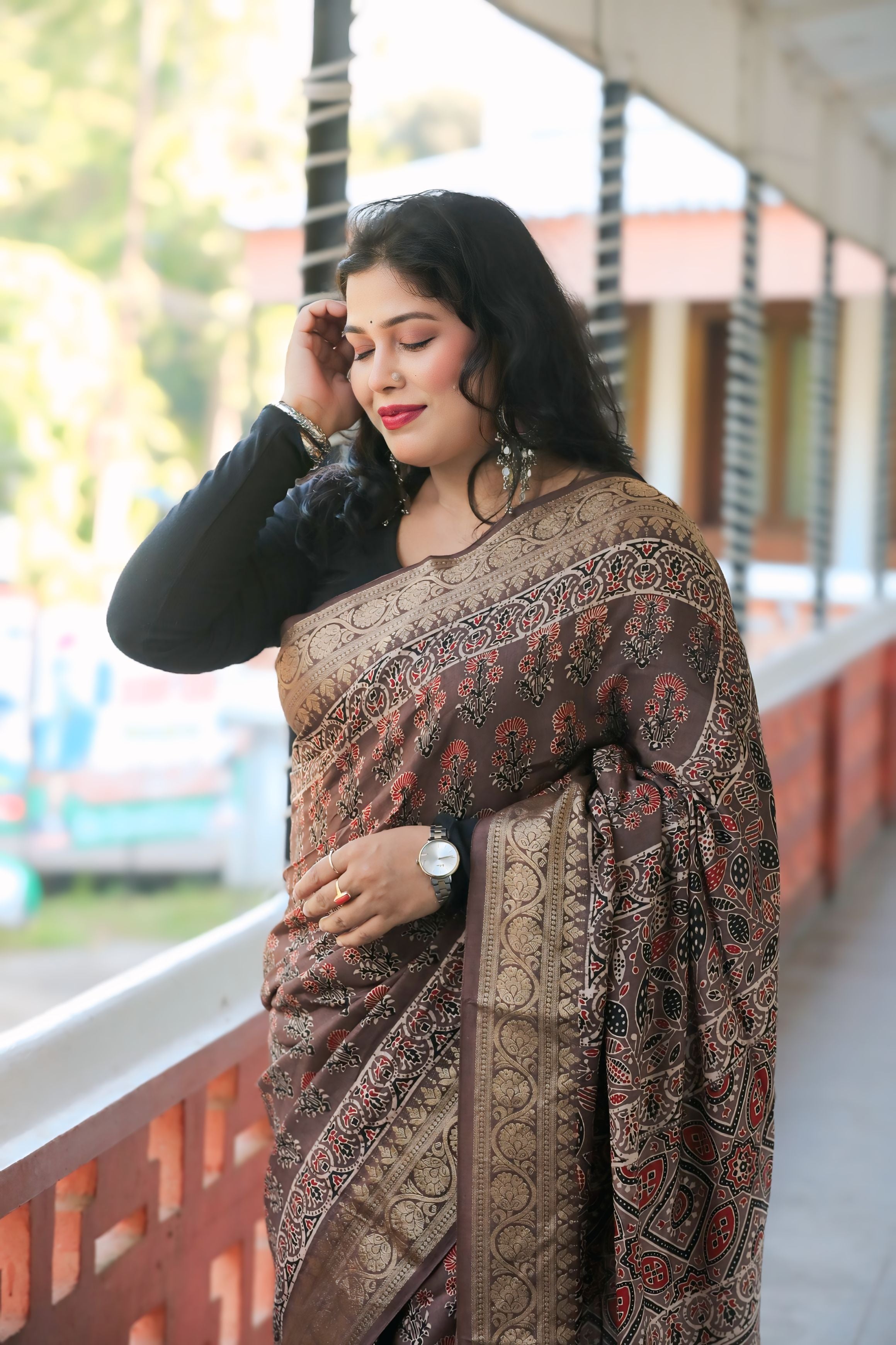 Brown Dola Silk Ajrakh Print Saree with Banarasi Border
