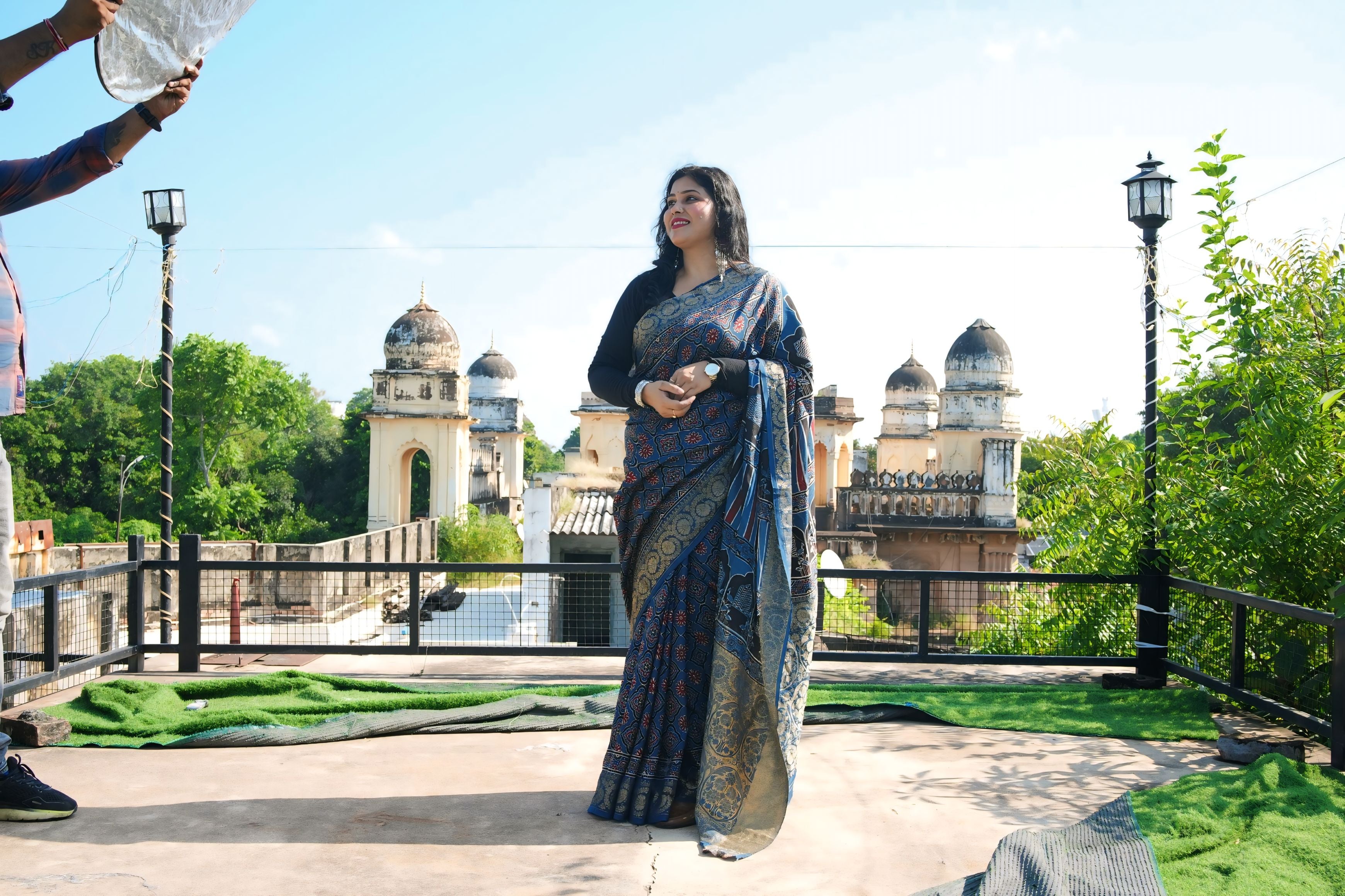 Blue Dola Silk Ajrakh Print Saree with Banarasi Border