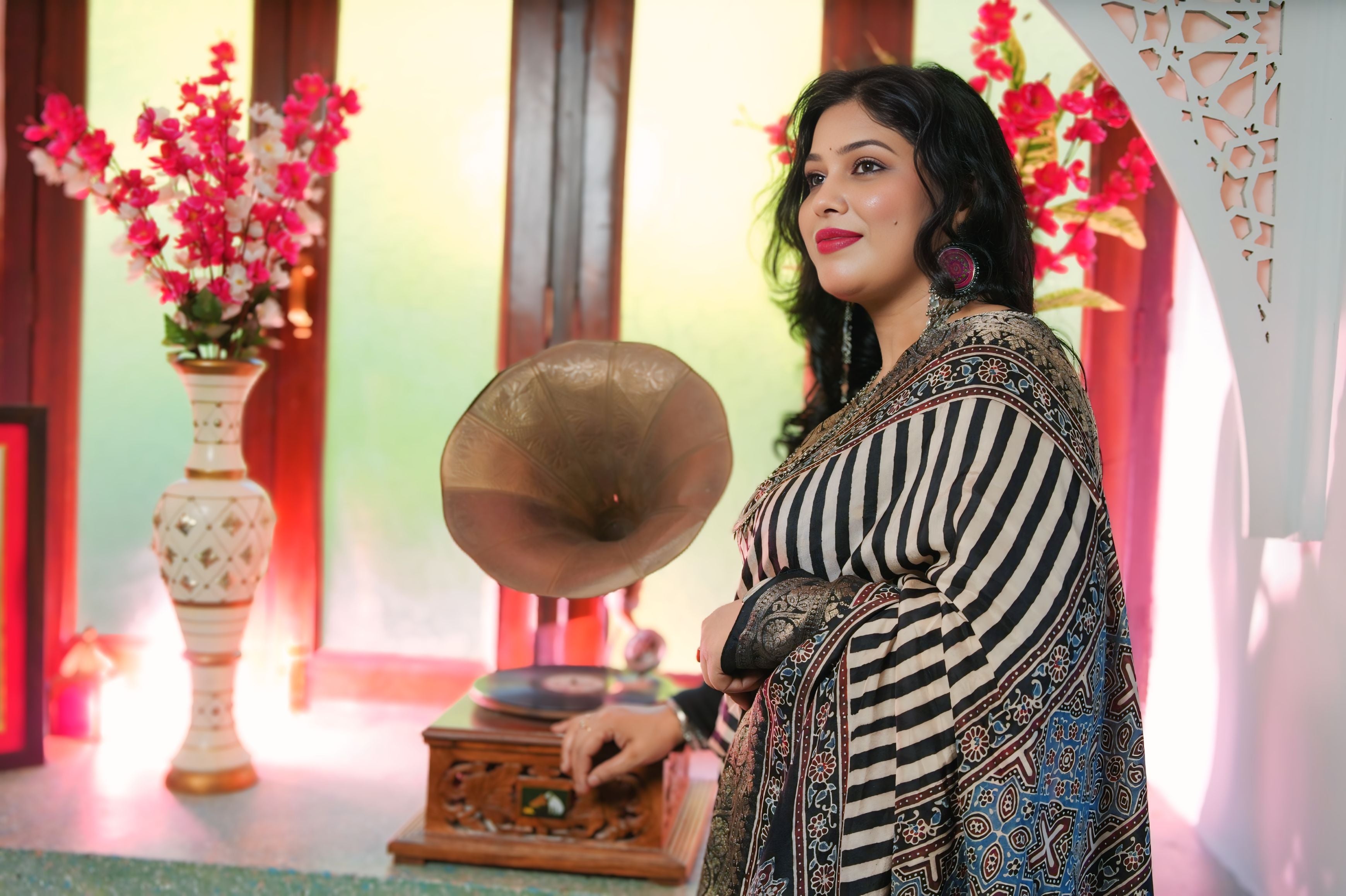 Black Dola Silk Ajrakh Print Saree with Banarasi Border