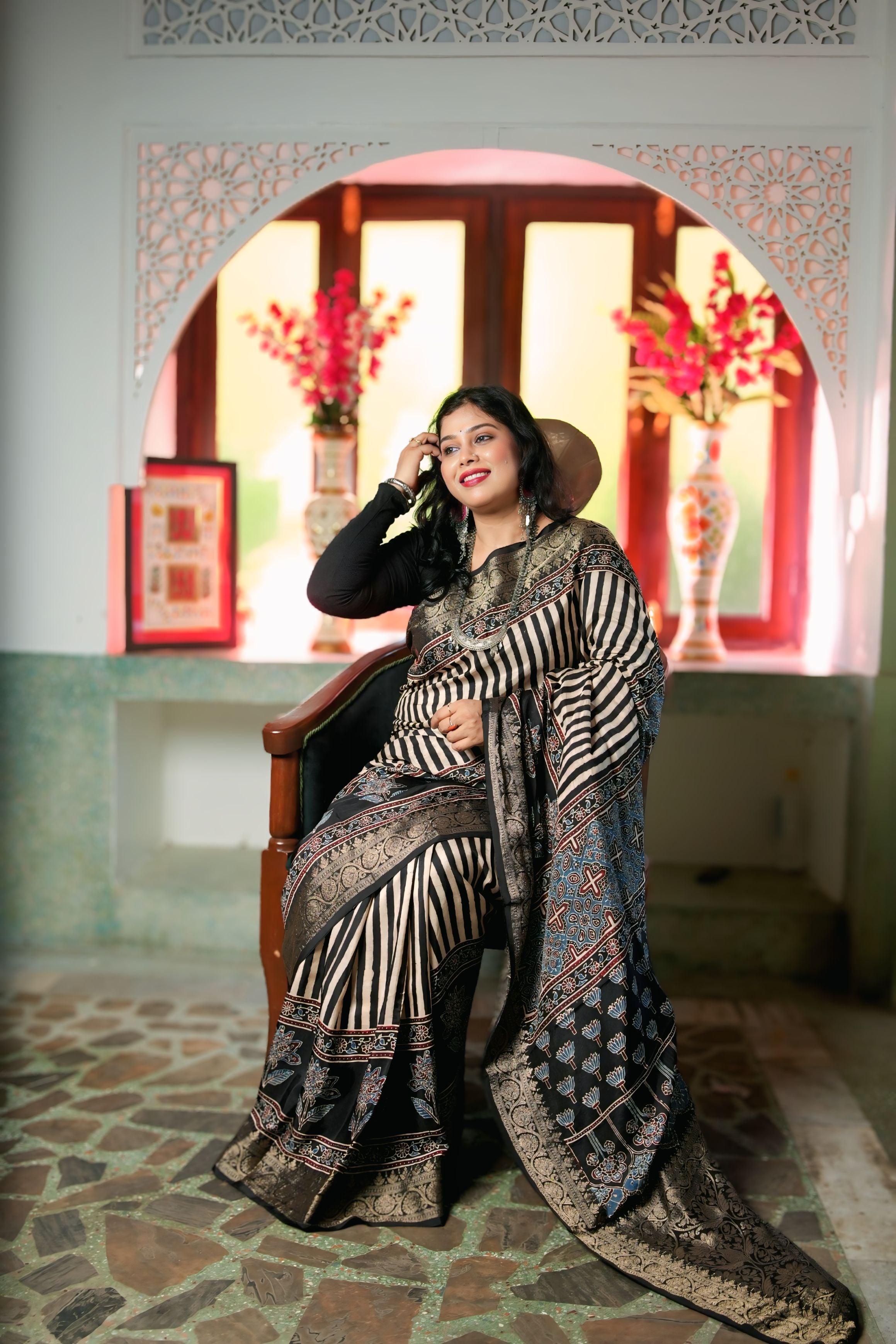 Black Dola Silk Ajrakh Print Saree with Banarasi Border