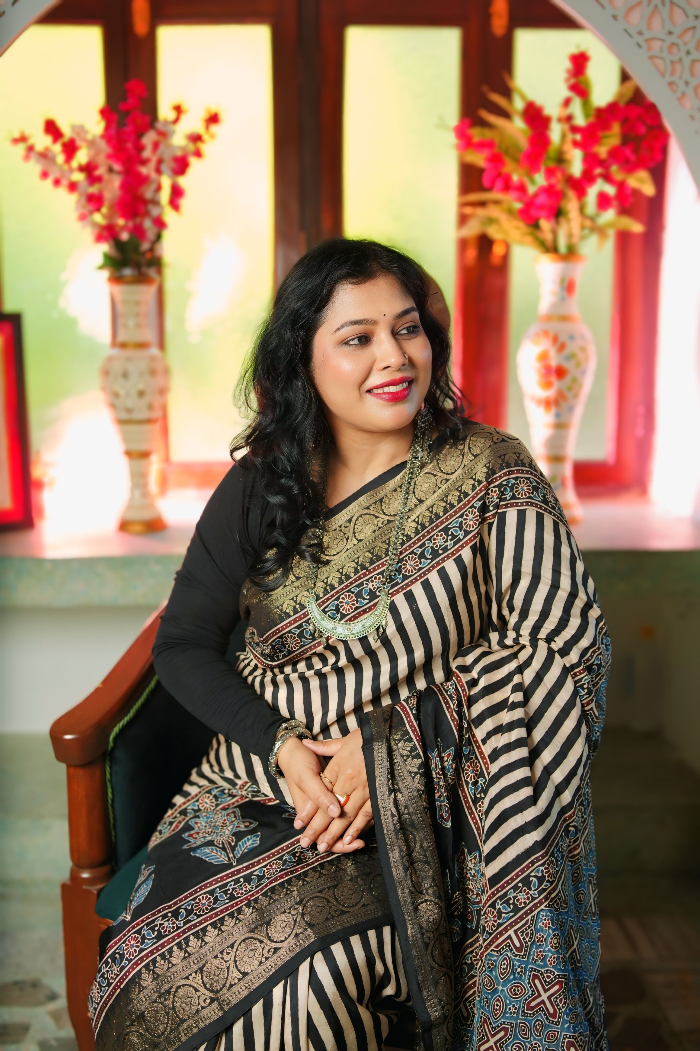 Black Dola Silk Ajrakh Print Saree with Banarasi Border