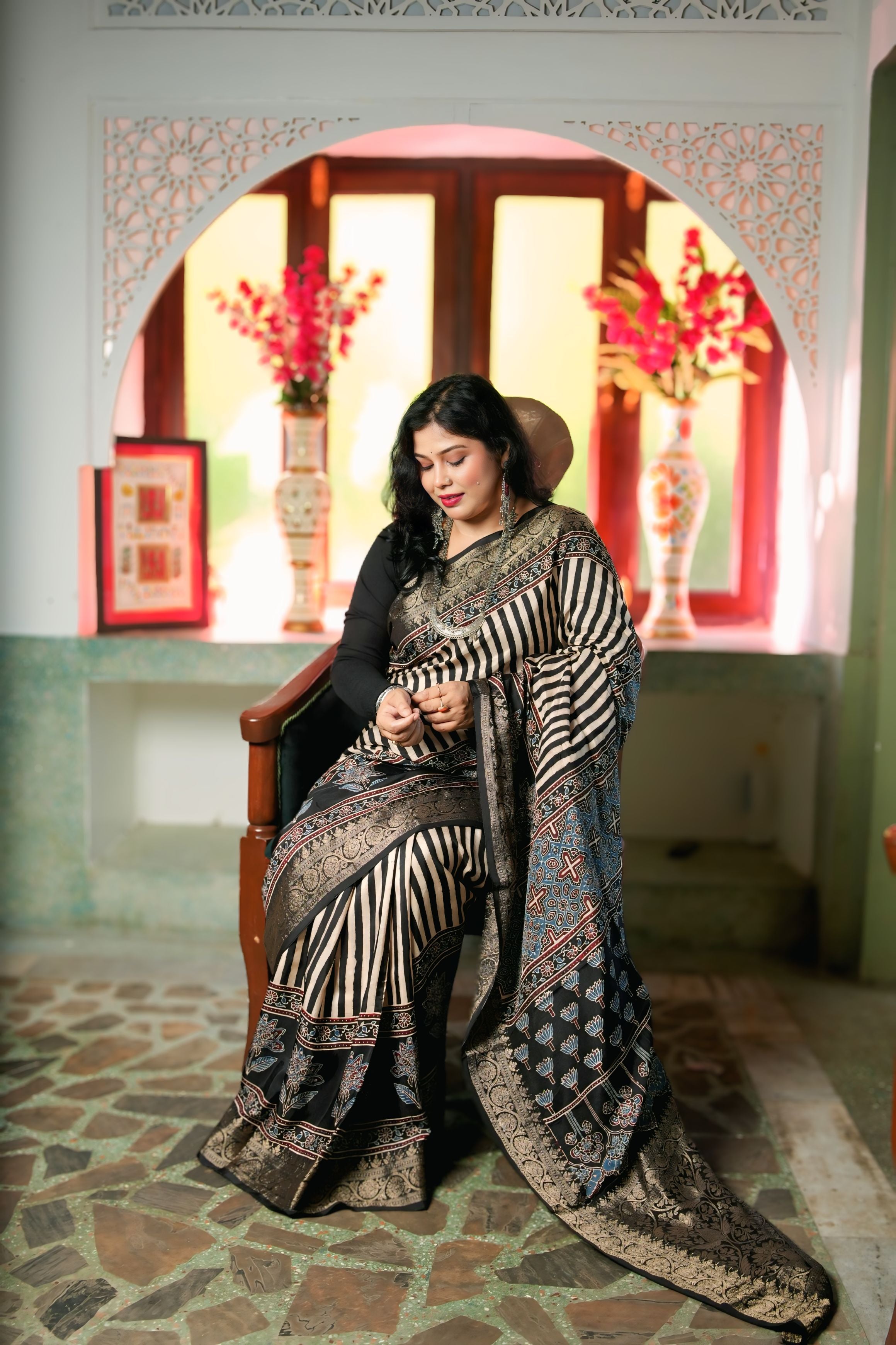 Black Dola Silk Ajrakh Print Saree with Banarasi Border
