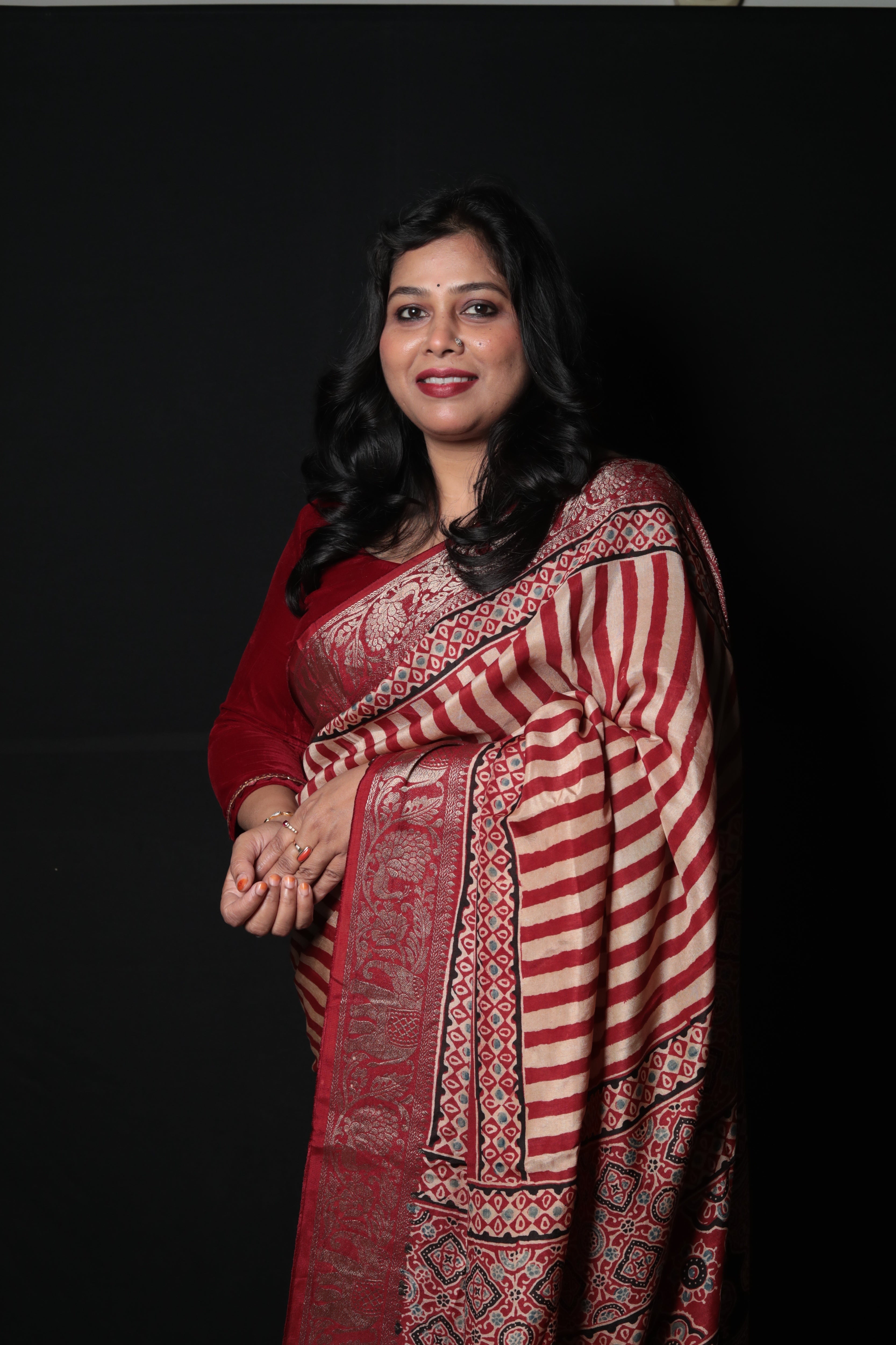 Pure Dola Silk Ajrakh Print Saree with Banarasi Zari Border