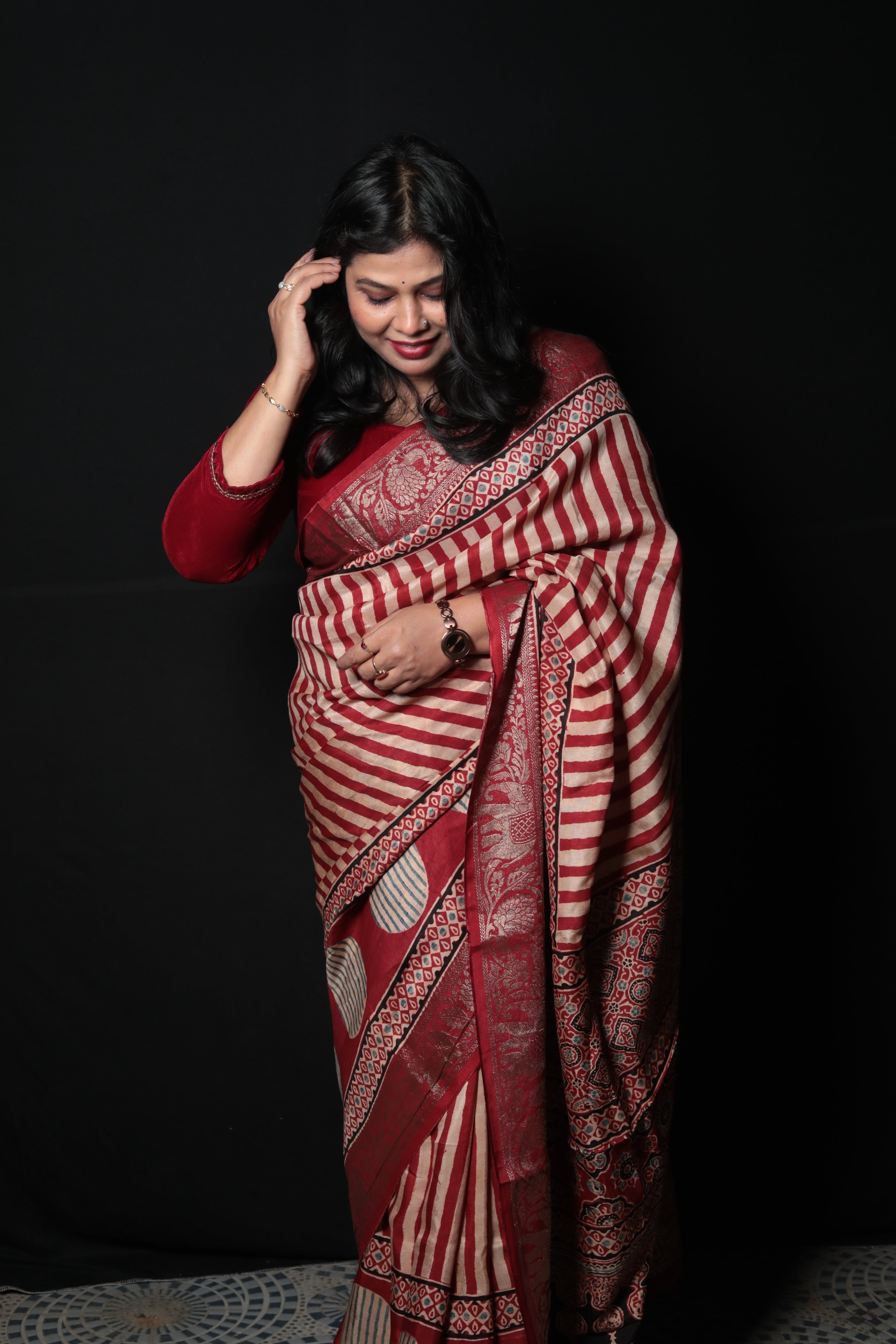 Pure Dola Silk Ajrakh Print Saree with Banarasi Zari Border