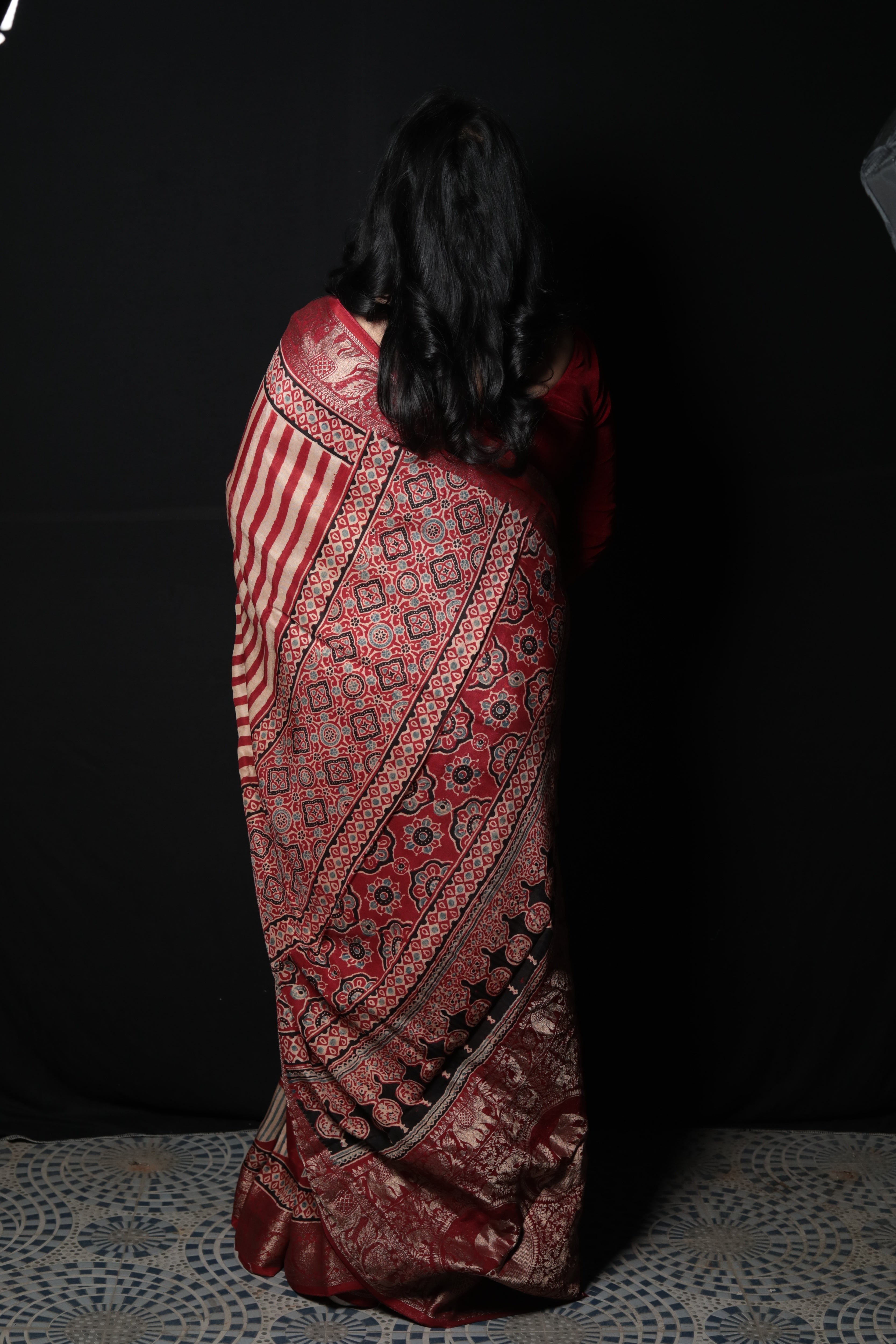 Pure Dola Silk Ajrakh Print Saree with Banarasi Zari Border