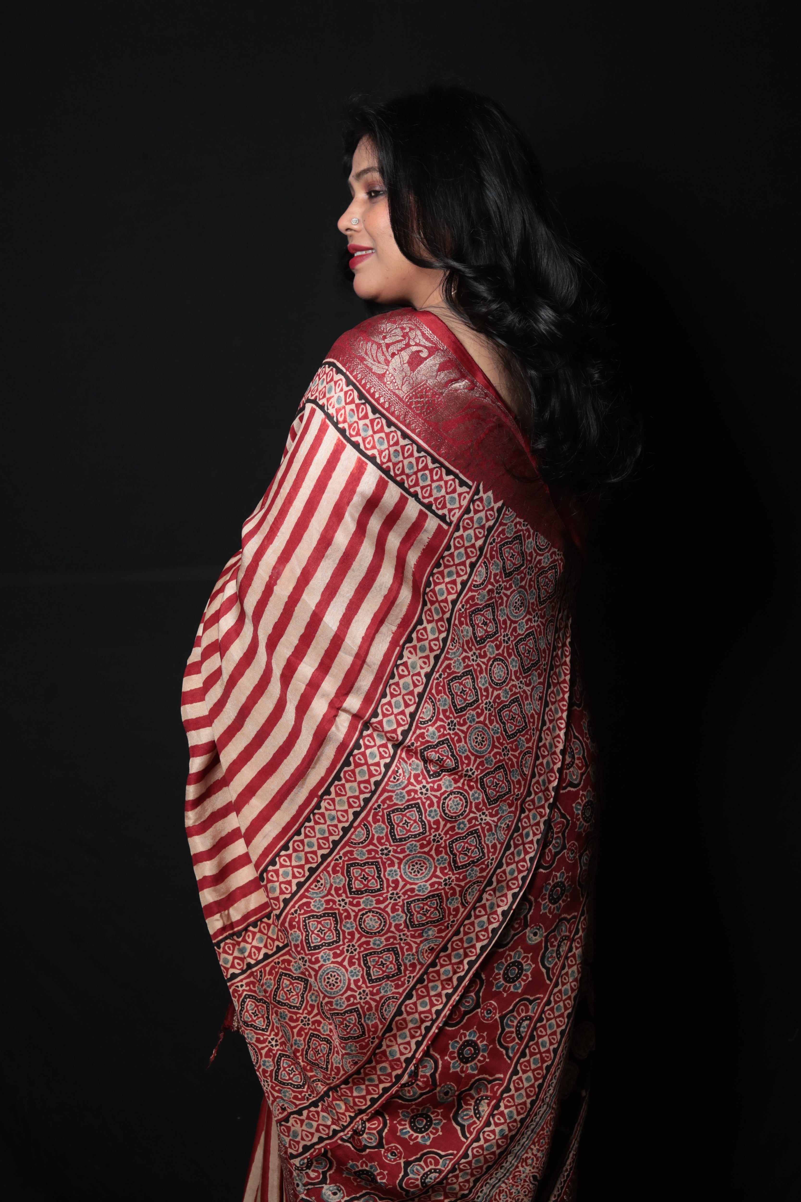 Pure Dola Silk Ajrakh Print Saree with Banarasi Zari Border