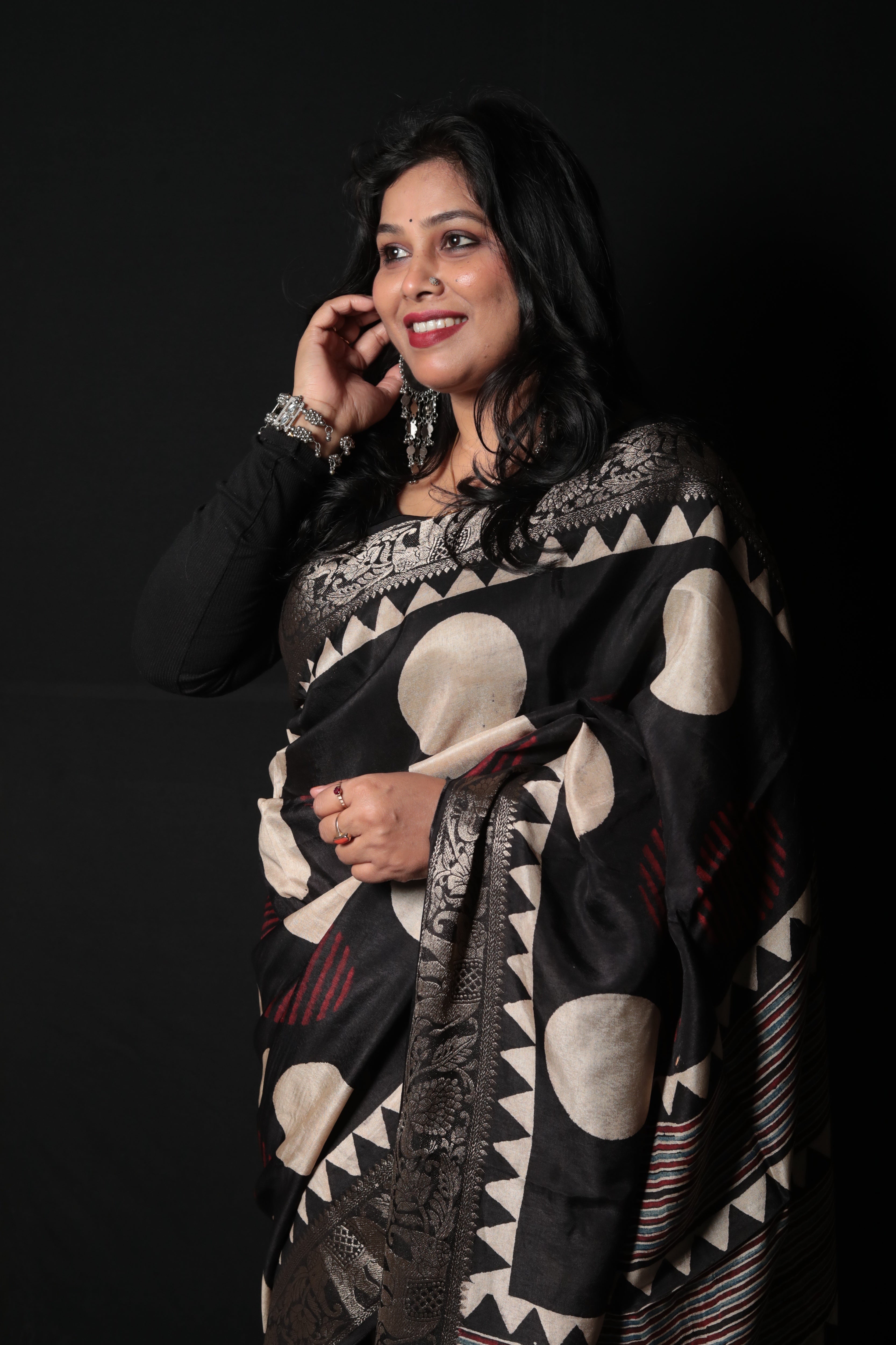 Pure Dola Silk Ajrakh Print Saree with Banarasi Zari Border