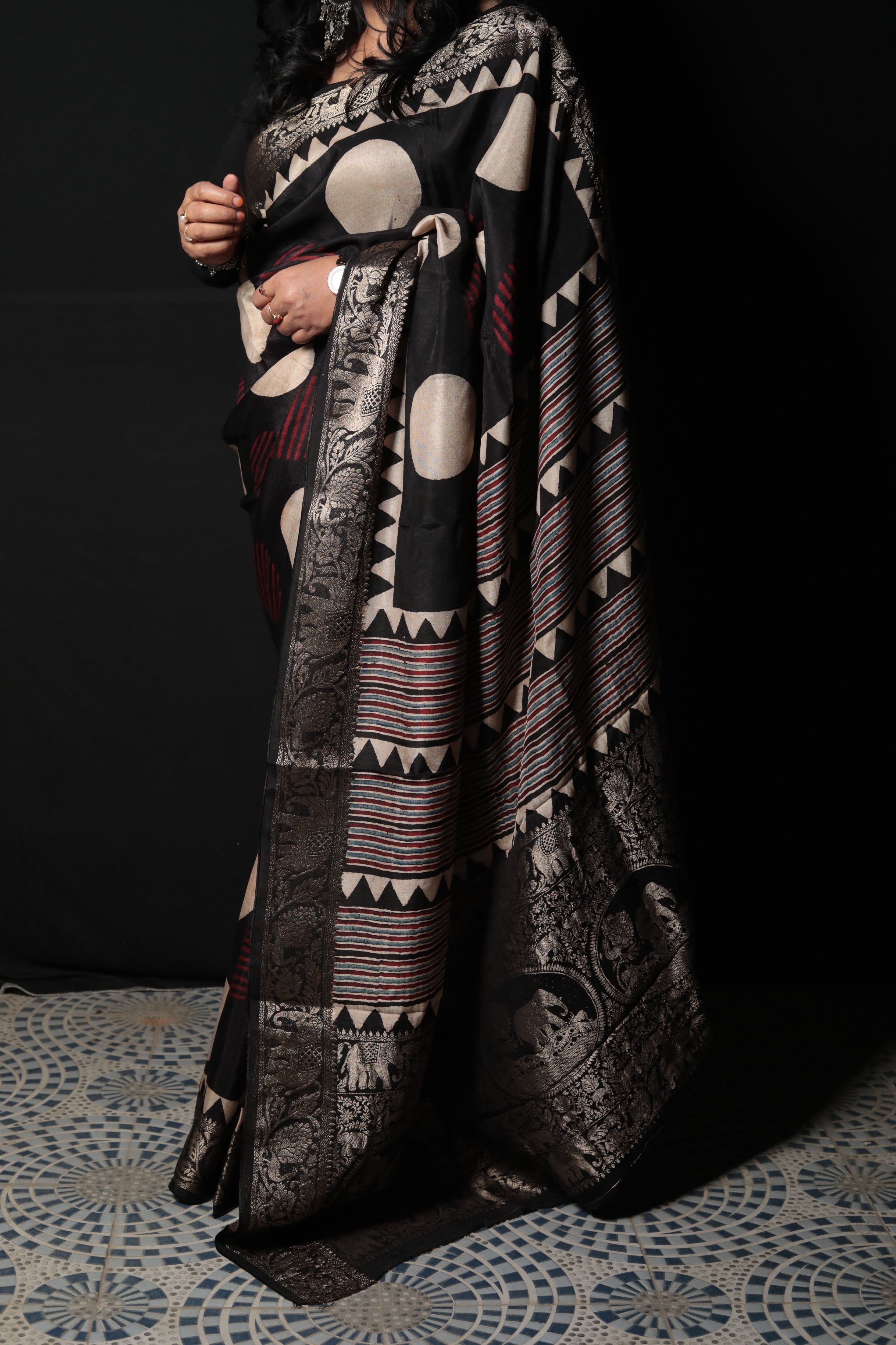 Pure Dola Silk Ajrakh Print Saree with Banarasi Zari Border