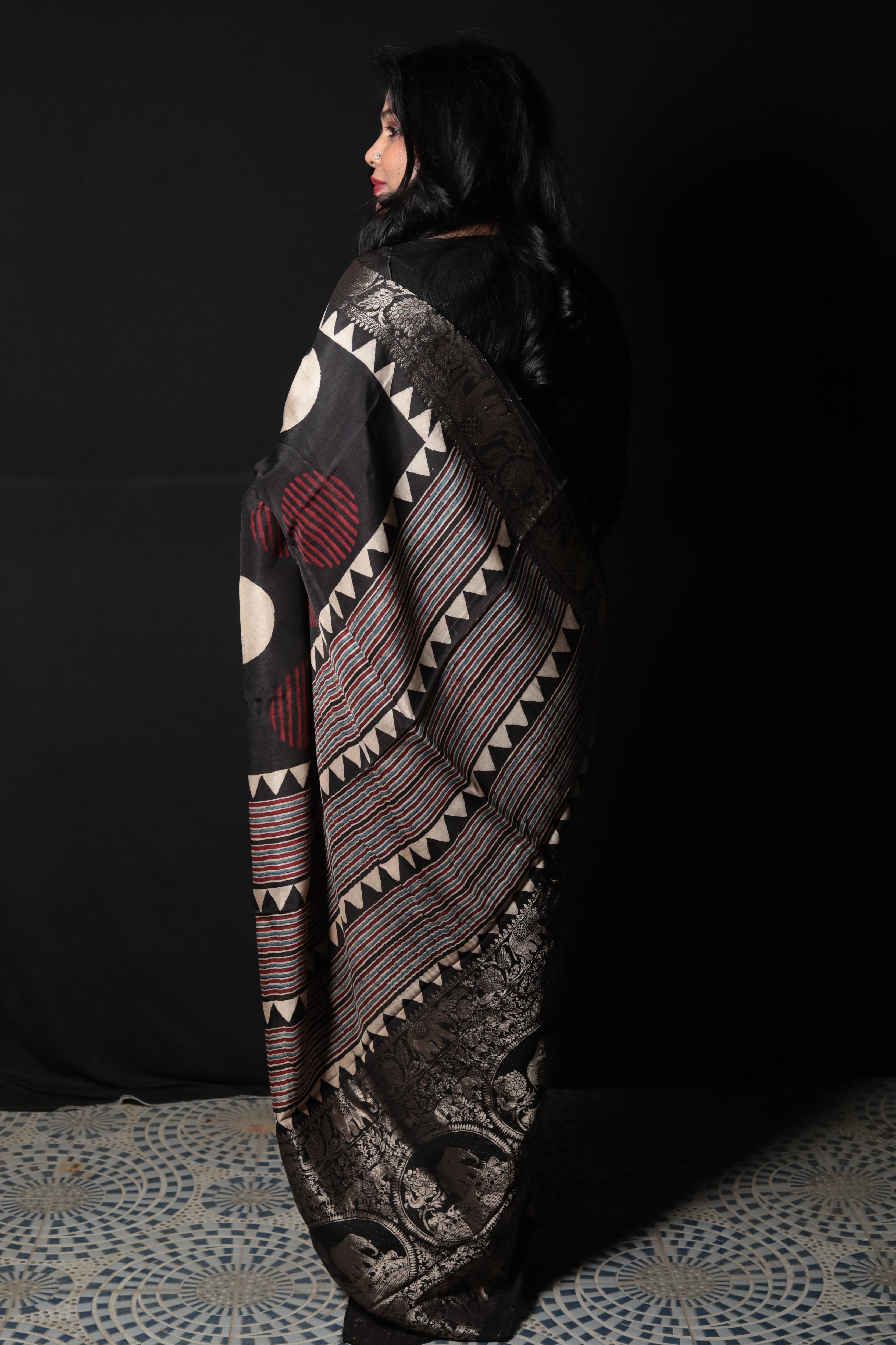 Pure Dola Silk Ajrakh Print Saree with Banarasi Zari Border