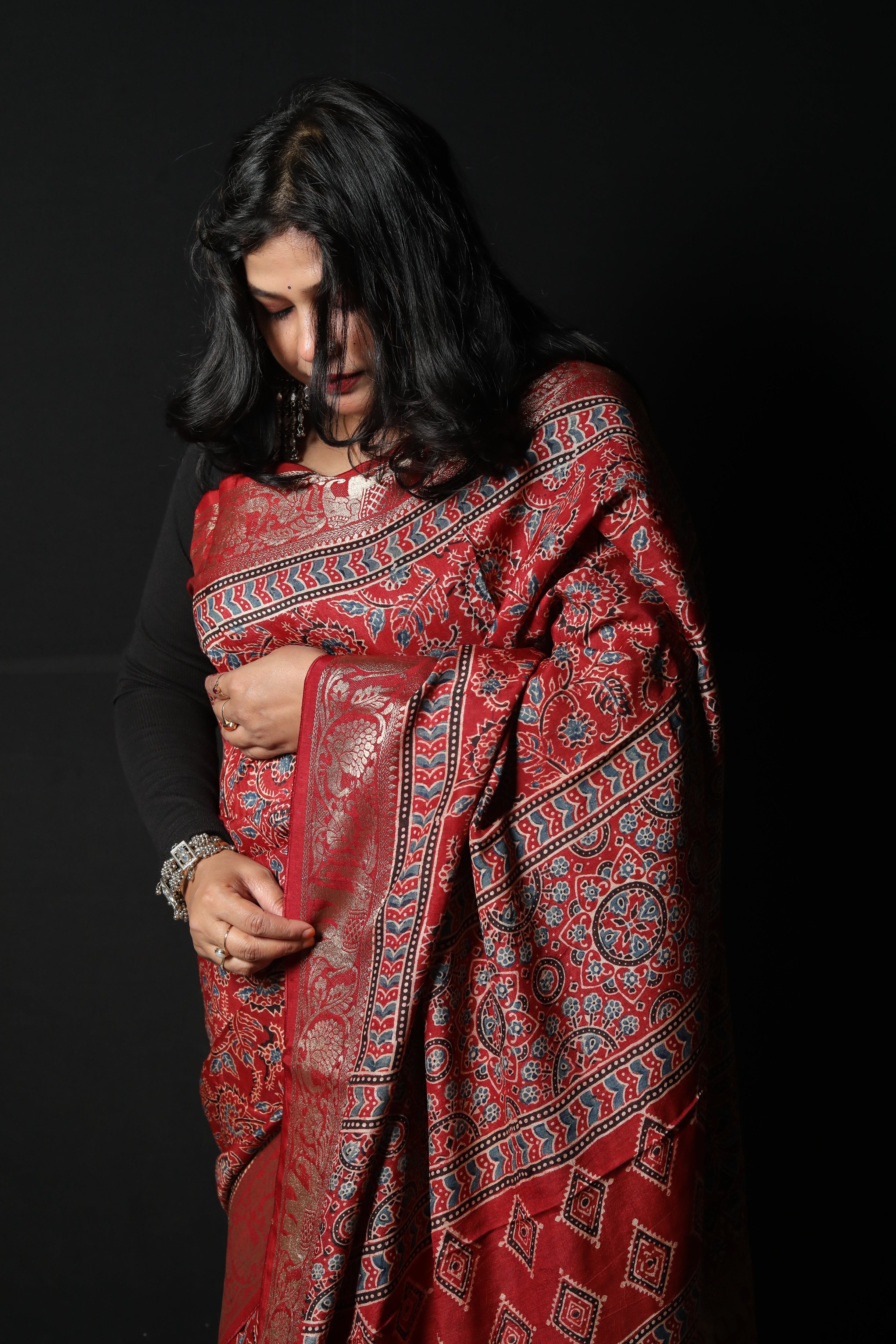 Pure Dola Silk Ajrakh Print Saree with Banarasi Zari Border