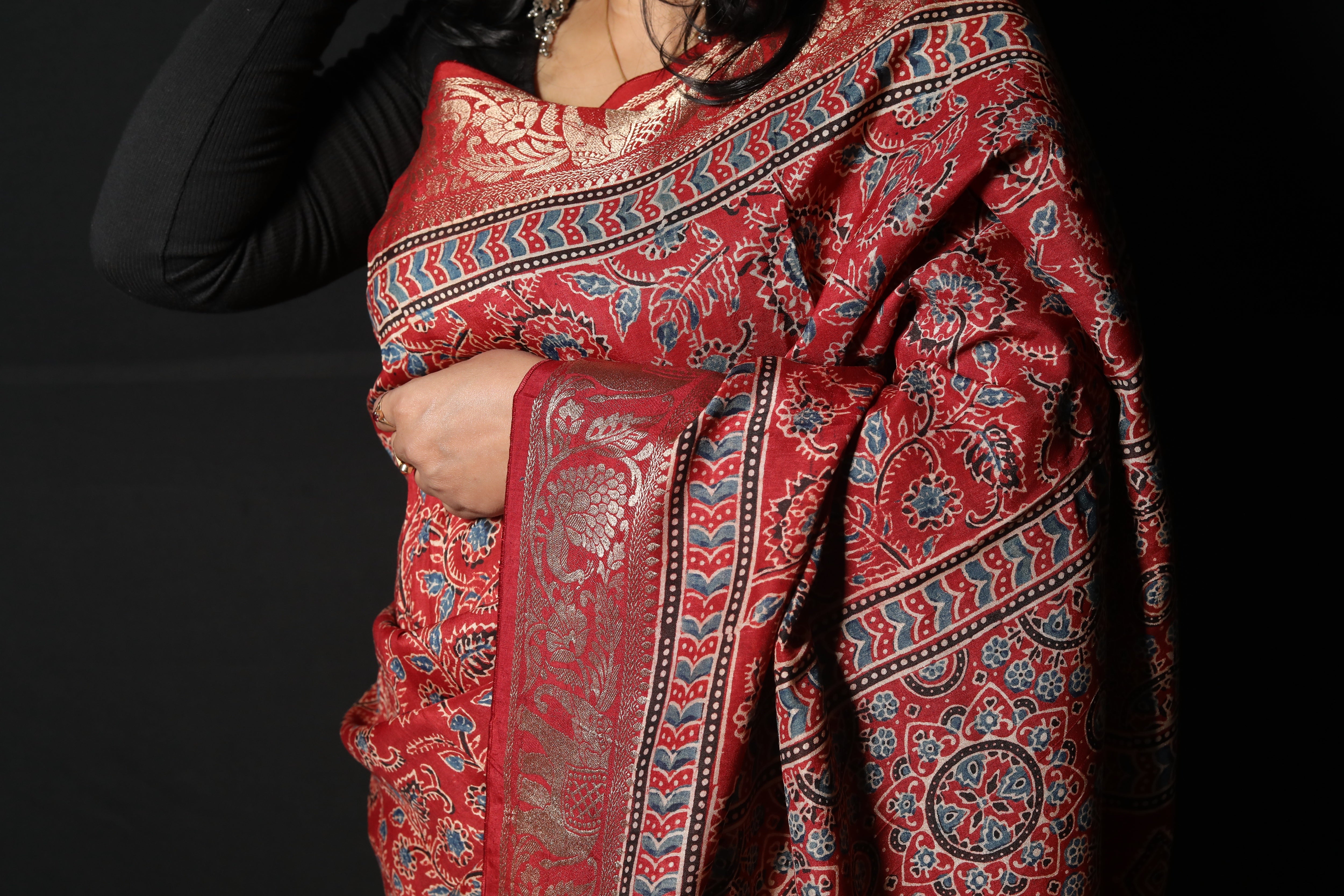 Pure Dola Silk Ajrakh Print Saree with Banarasi Zari Border